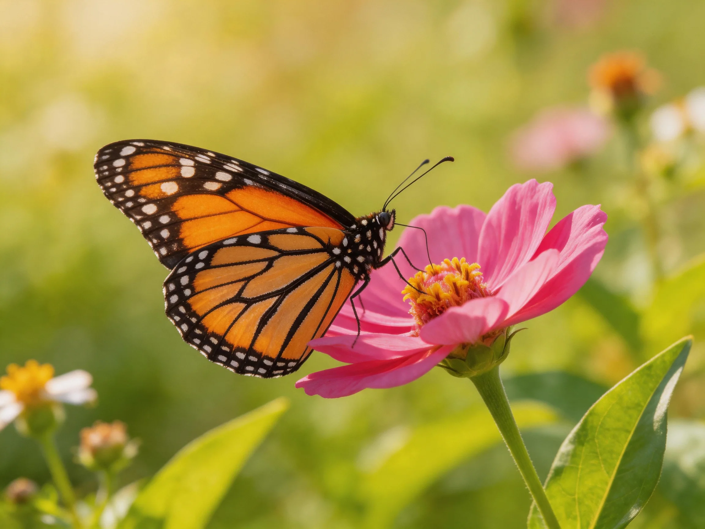A monarch butterfly perched on a vibrant pink flower in a sunlit meadow