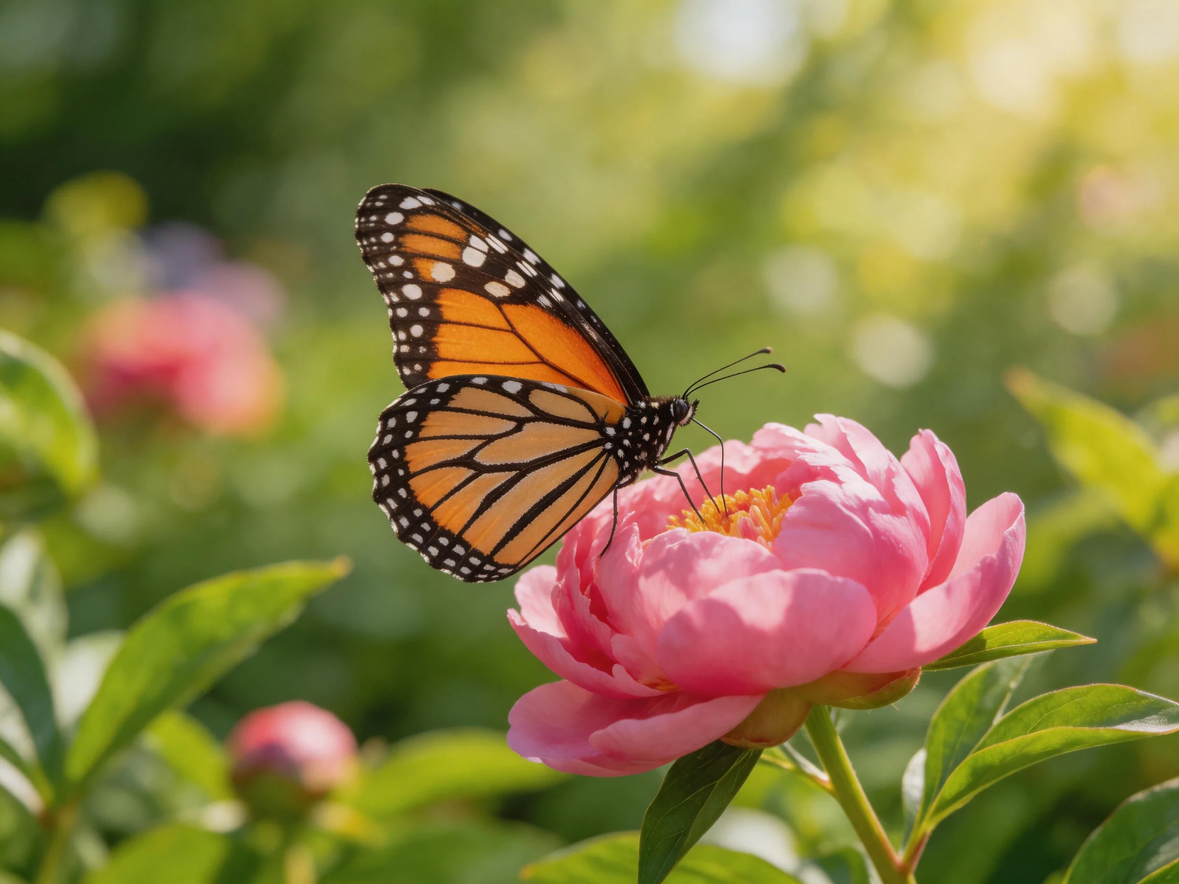 A monarch butterfly perched on a vibrant pink peony in a sunlit garden