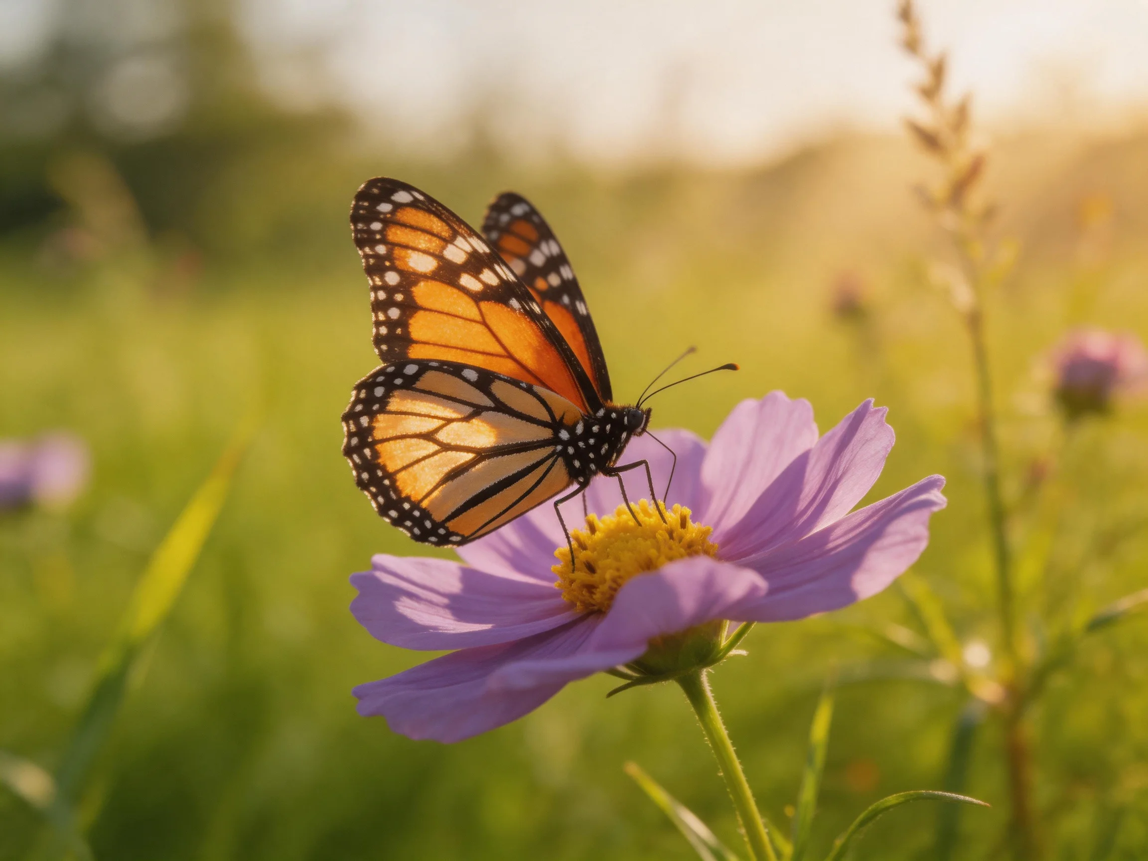 A monarch butterfly perched on a vibrant purple flower in a sunlit meadow