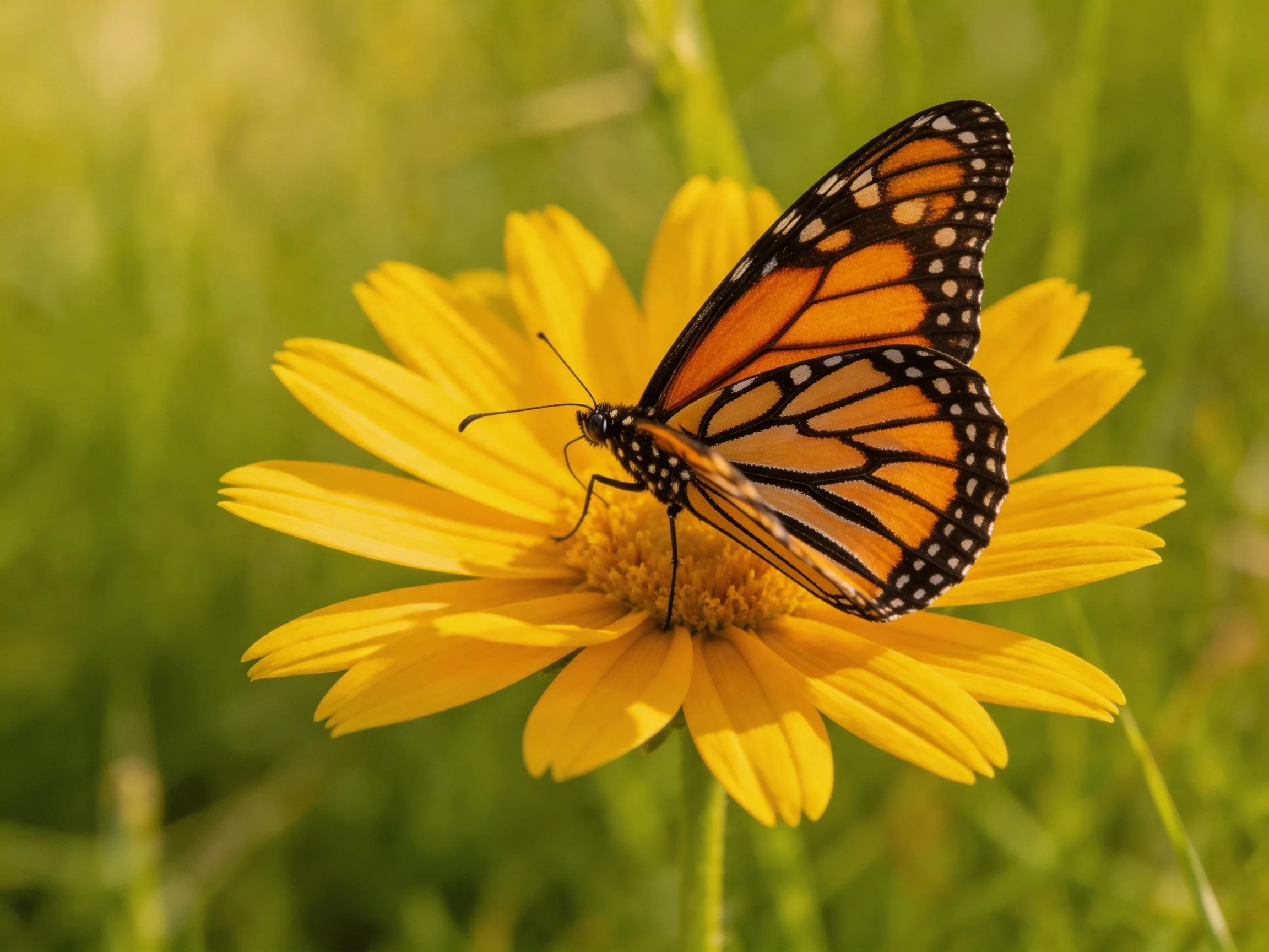 A monarch butterfly perched on a vibrant yellow flower