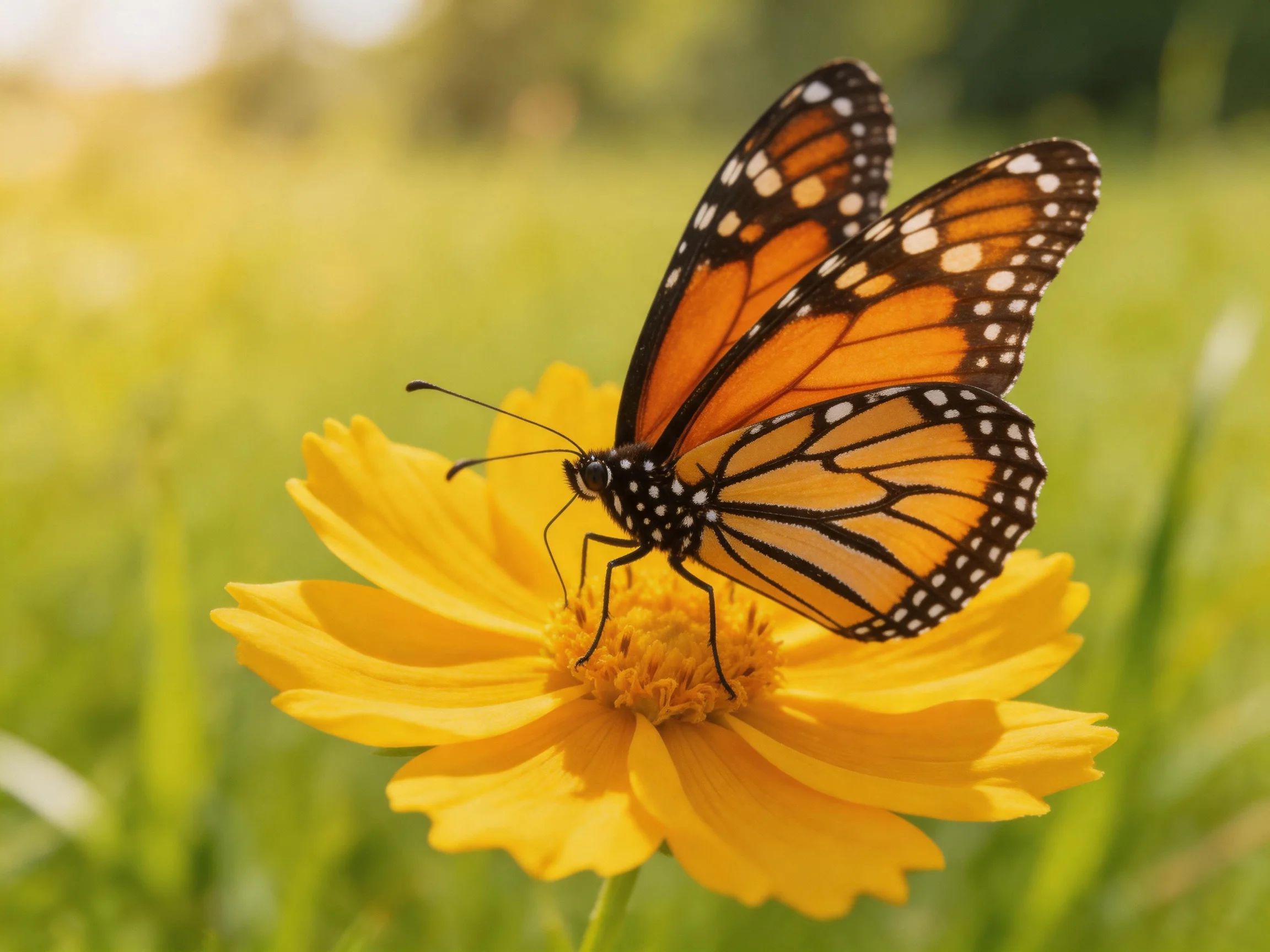 A monarch butterfly perched on a vibrant yellow flower in a sunlit meadow