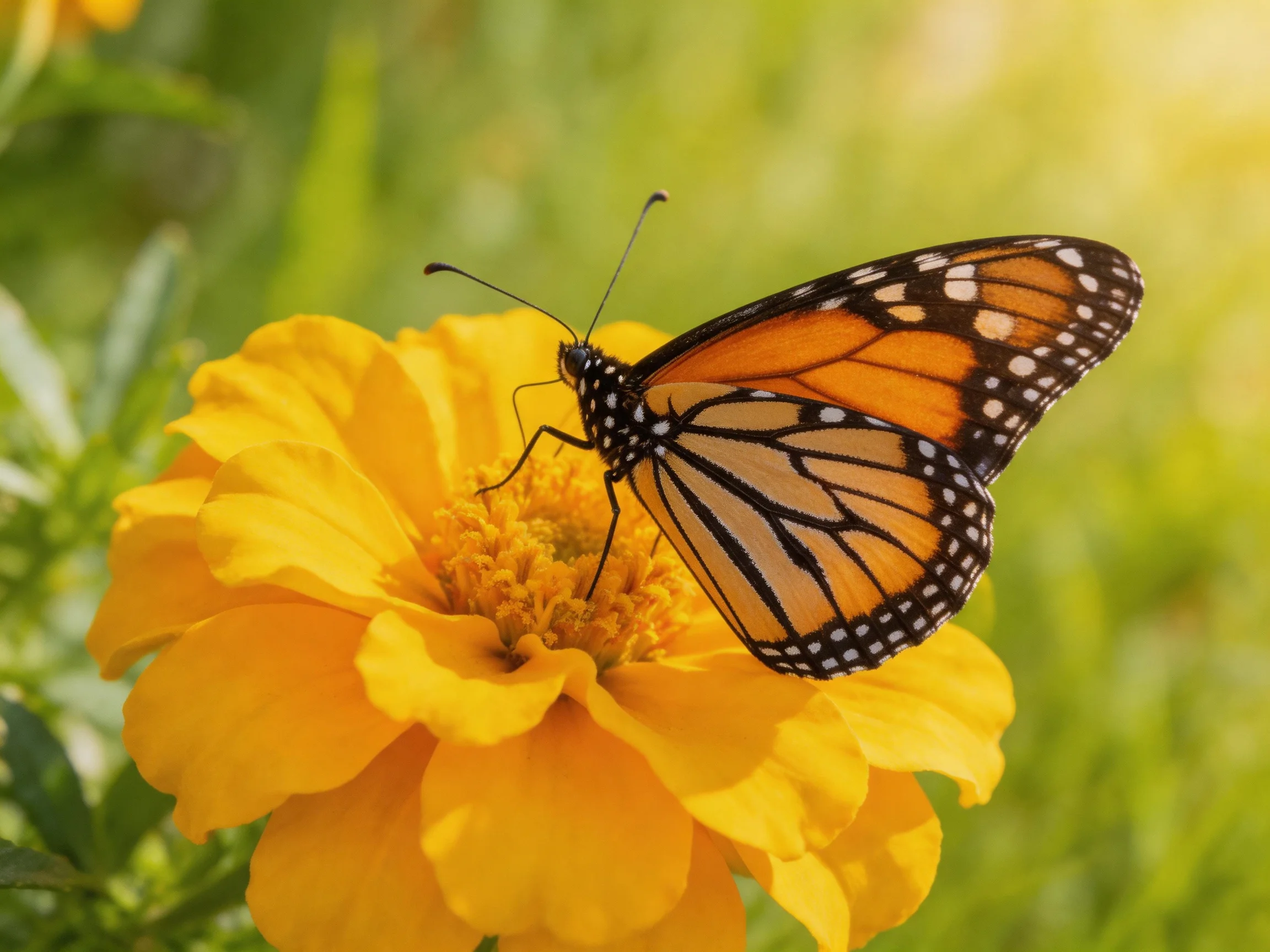 A monarch butterfly perched on a vibrant yellow flower
