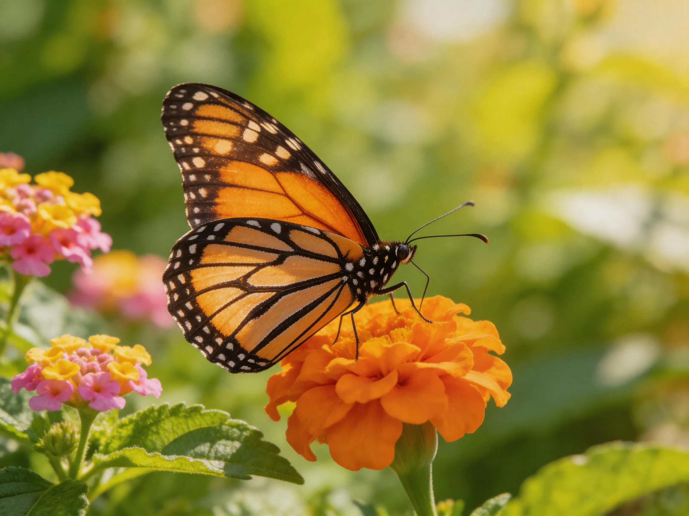 A monarch butterfly perched on an orange marigold near pink-yellow blooms