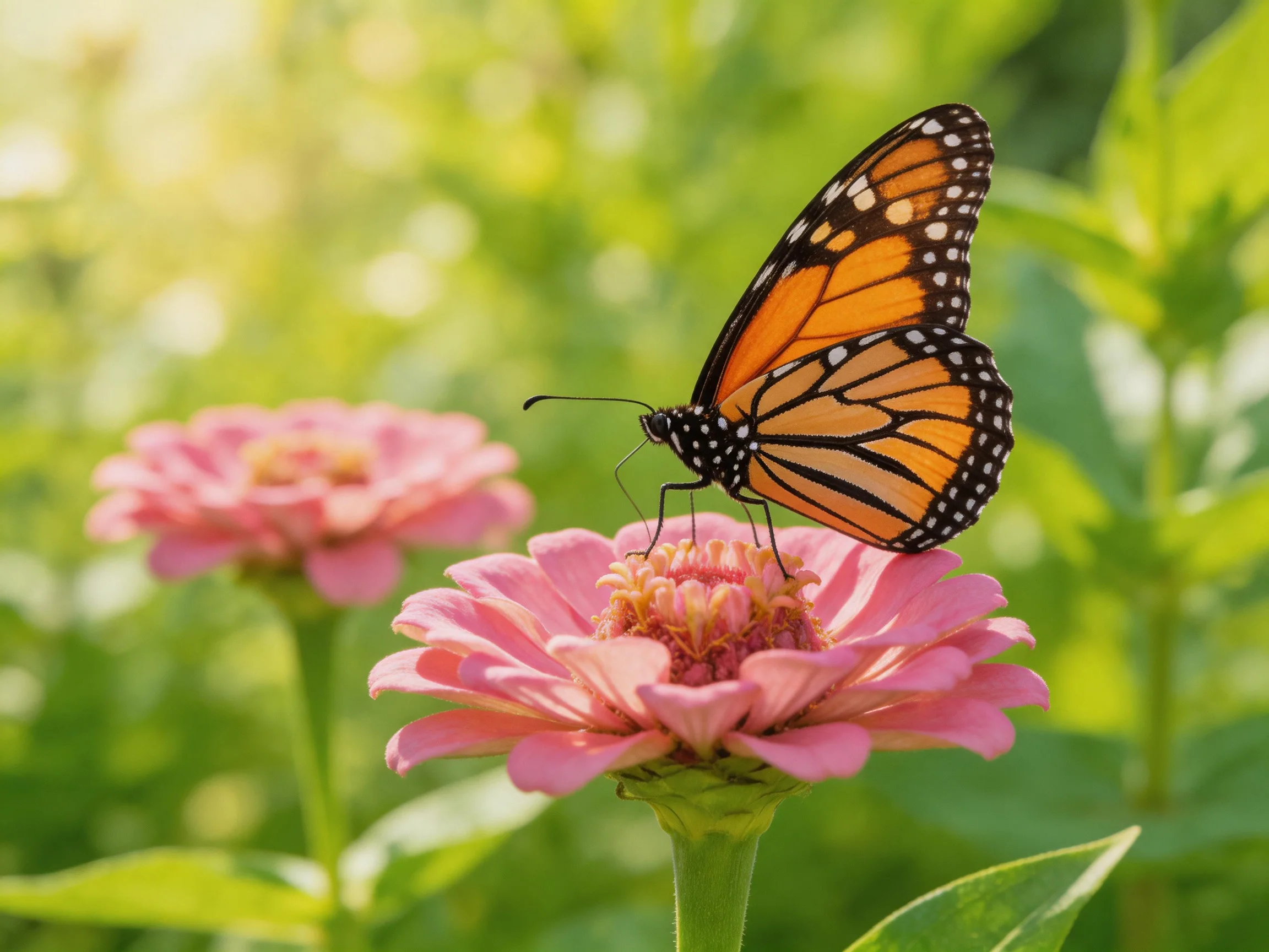 A monarch butterfly perched on bright pink zinnias in a sun-dappled garden