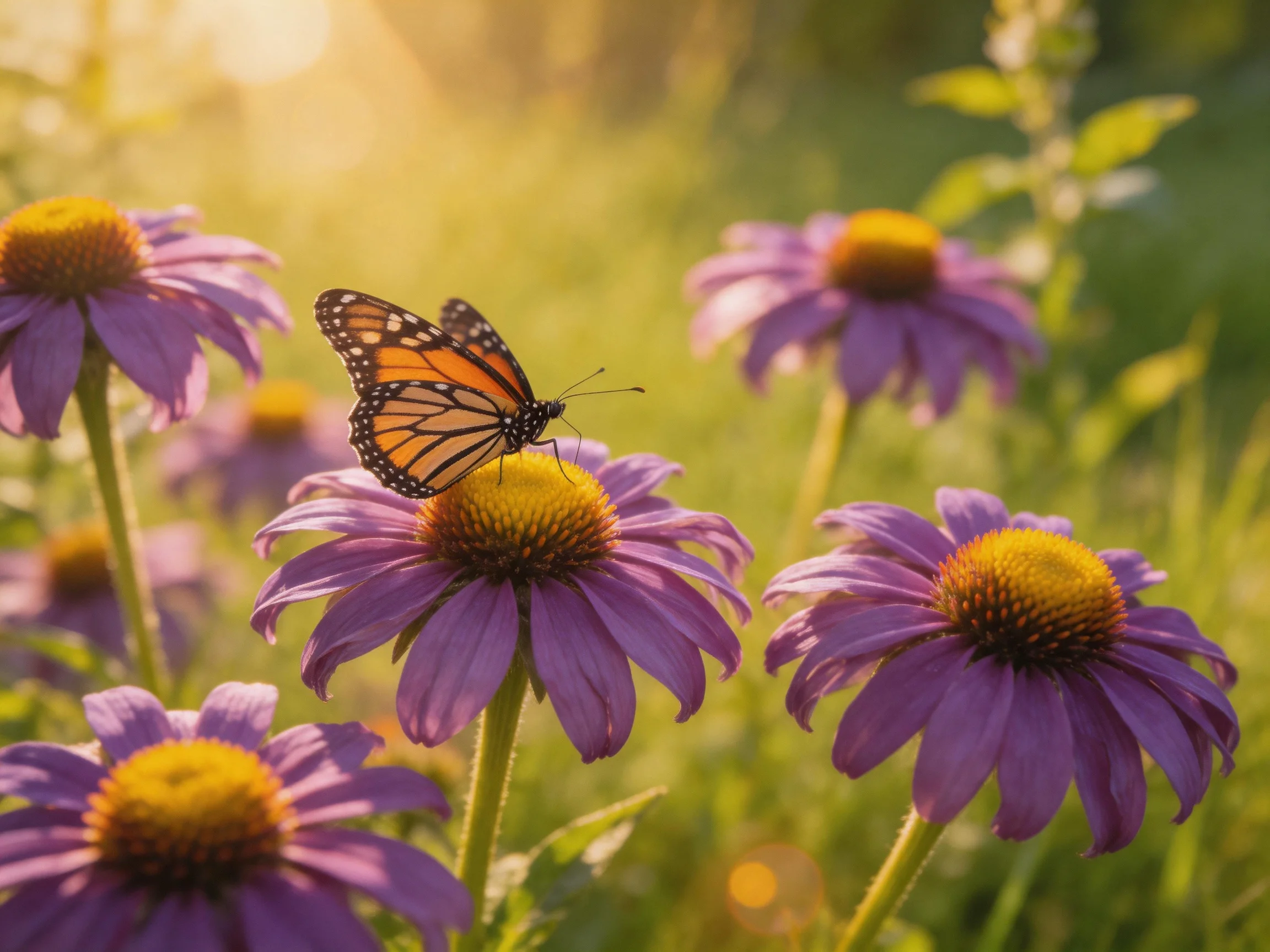 A monarch butterfly perched on purple coneflowers in golden sunlight