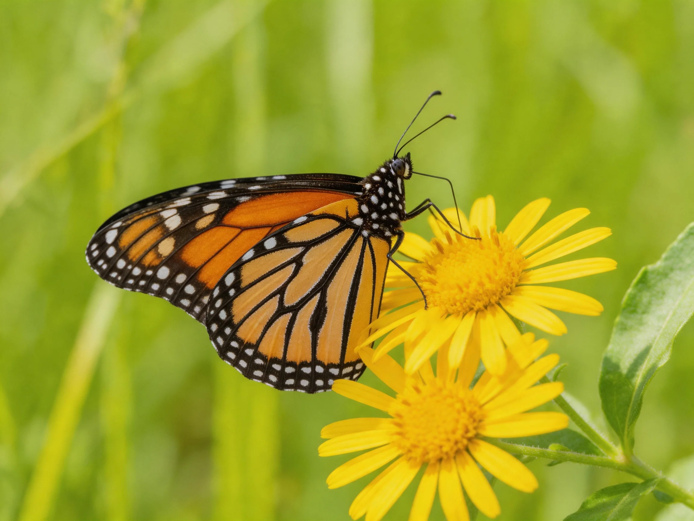 A monarch butterfly perched on two vibrant yellow flowers