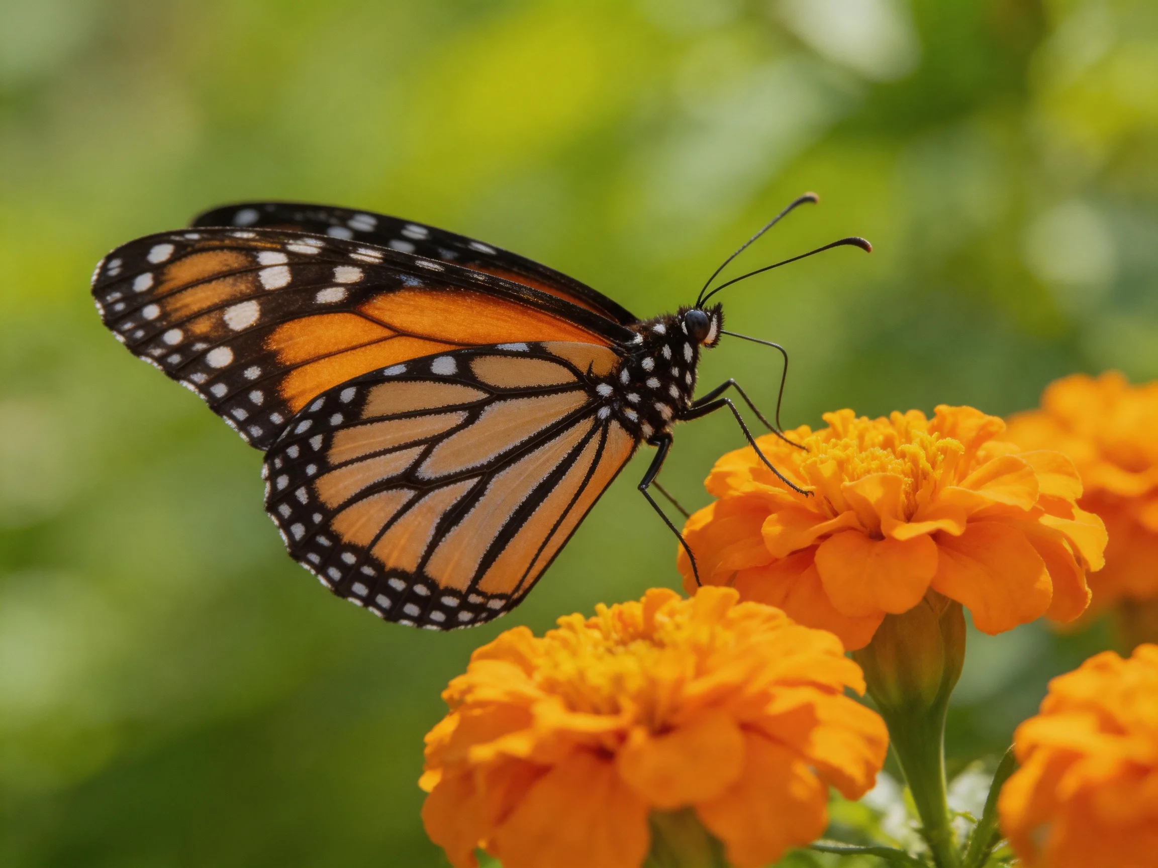 A monarch butterfly perched on vibrant orange marigold flowers