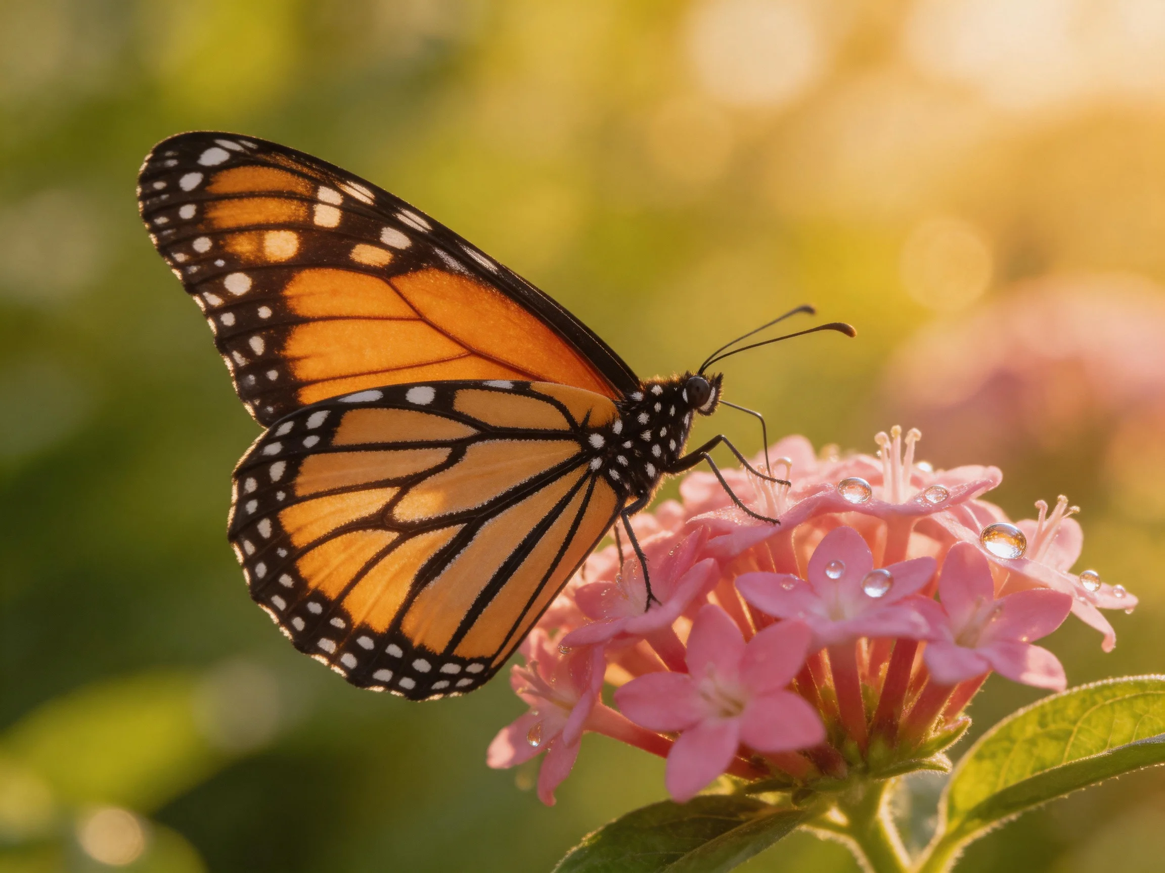 A monarch butterfly perched on vibrant pink flowers in golden light