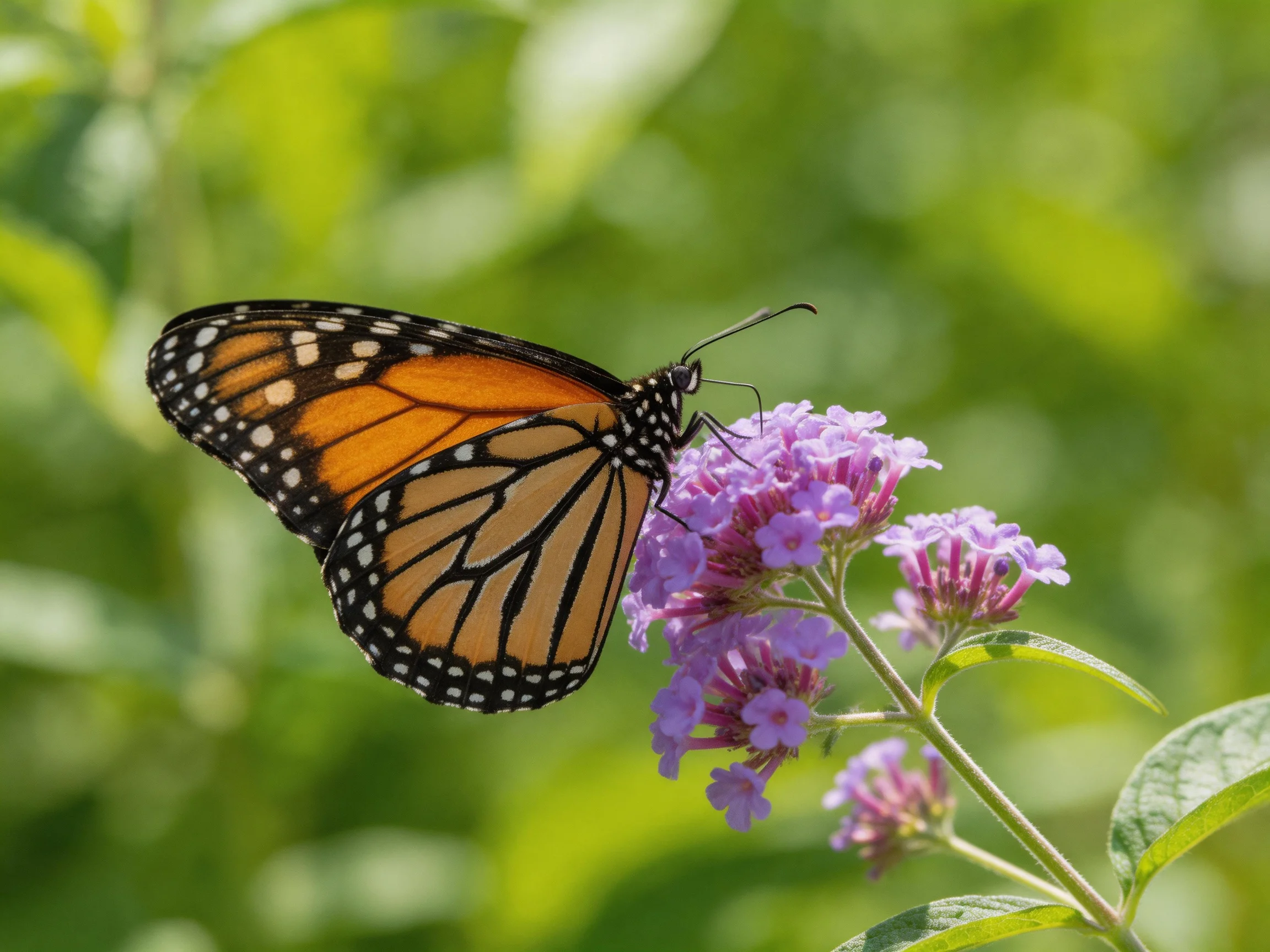 A monarch butterfly perched on vibrant purple blooms amid green foliage