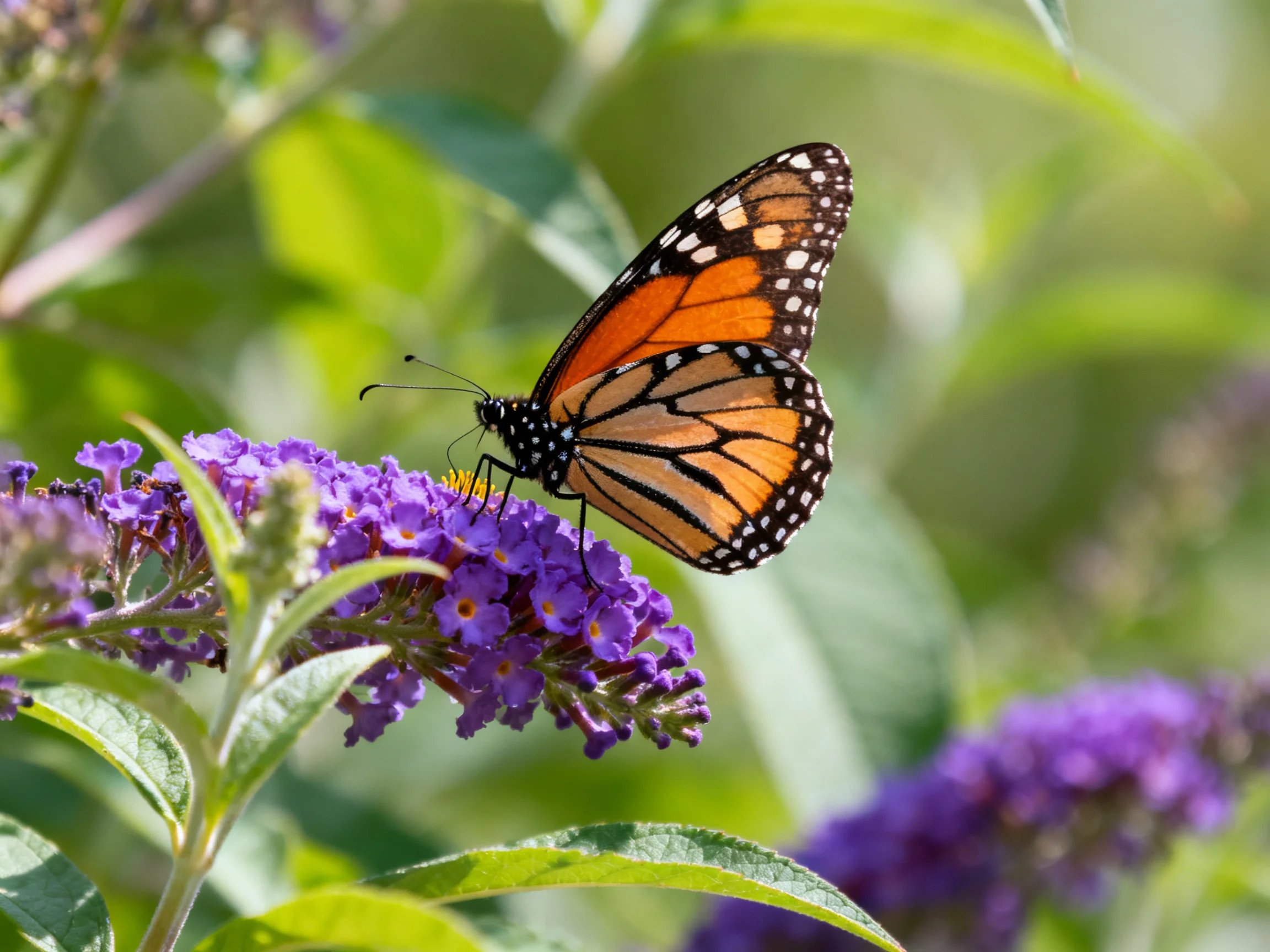 A monarch butterfly perched on vibrant purple blooms amid green foliage