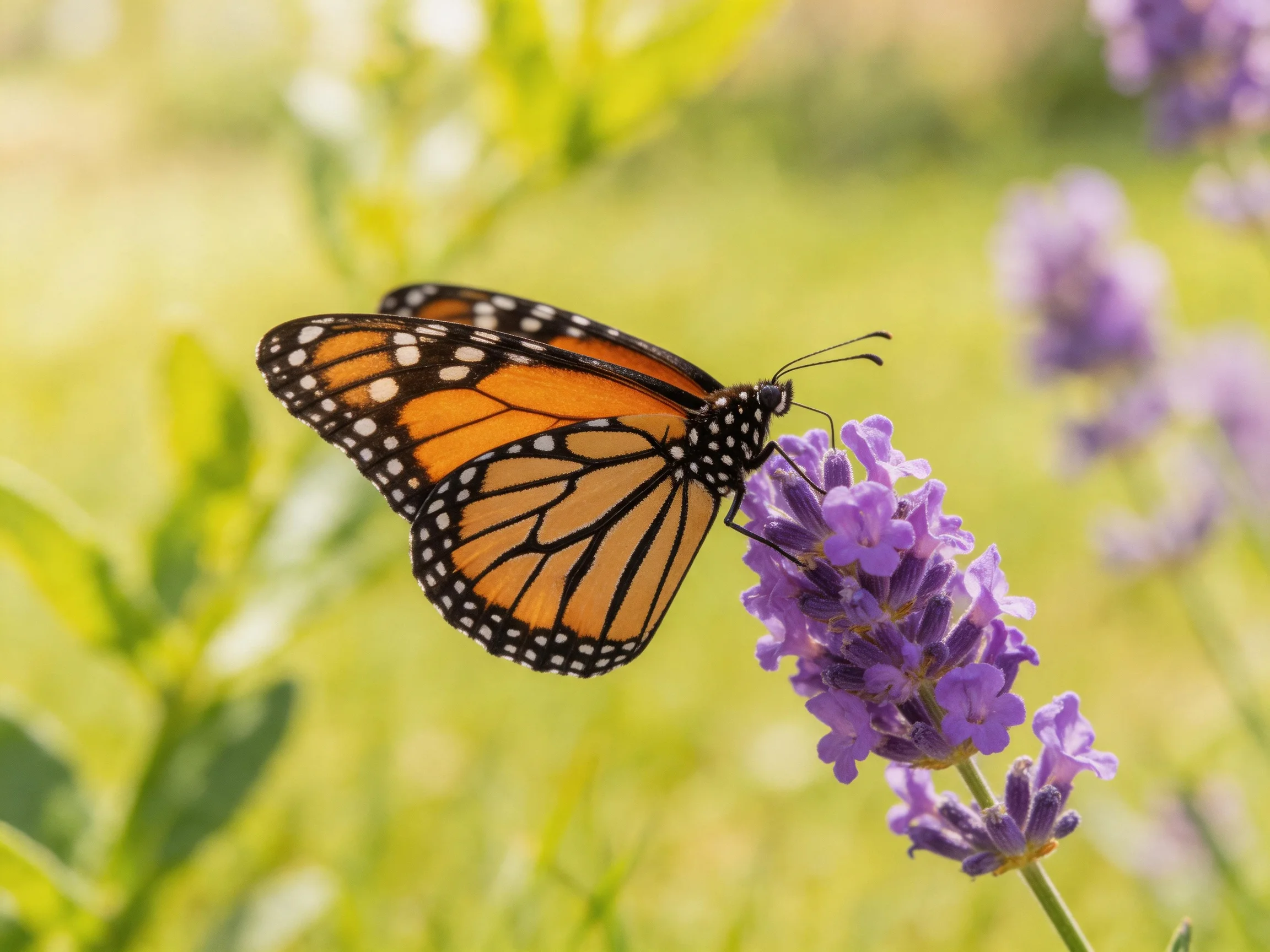 A monarch butterfly perched on vibrant purple lavender blooms