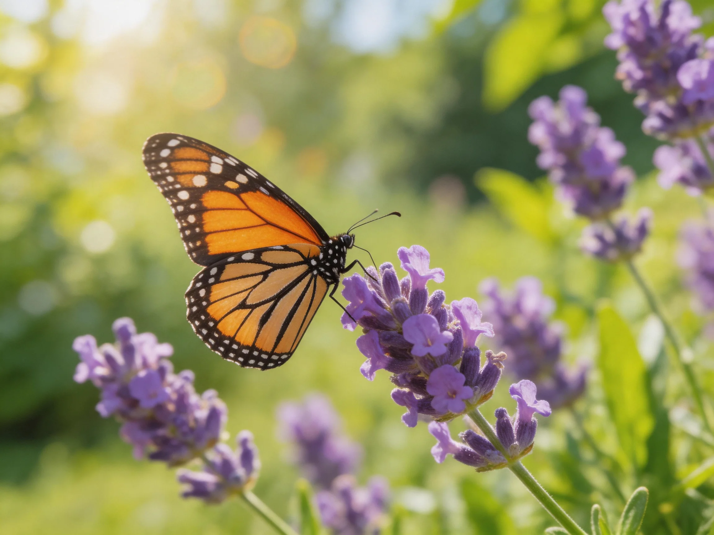 A monarch butterfly perched on vibrant purple lavender blooms