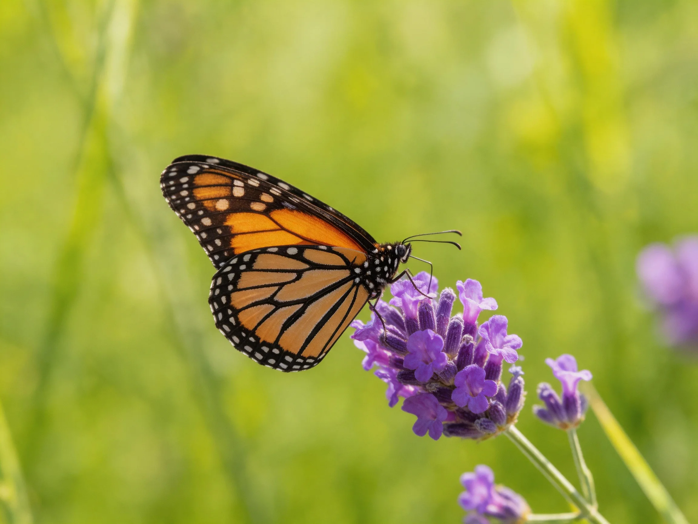 A monarch butterfly perched on vibrant purple lavender flowers