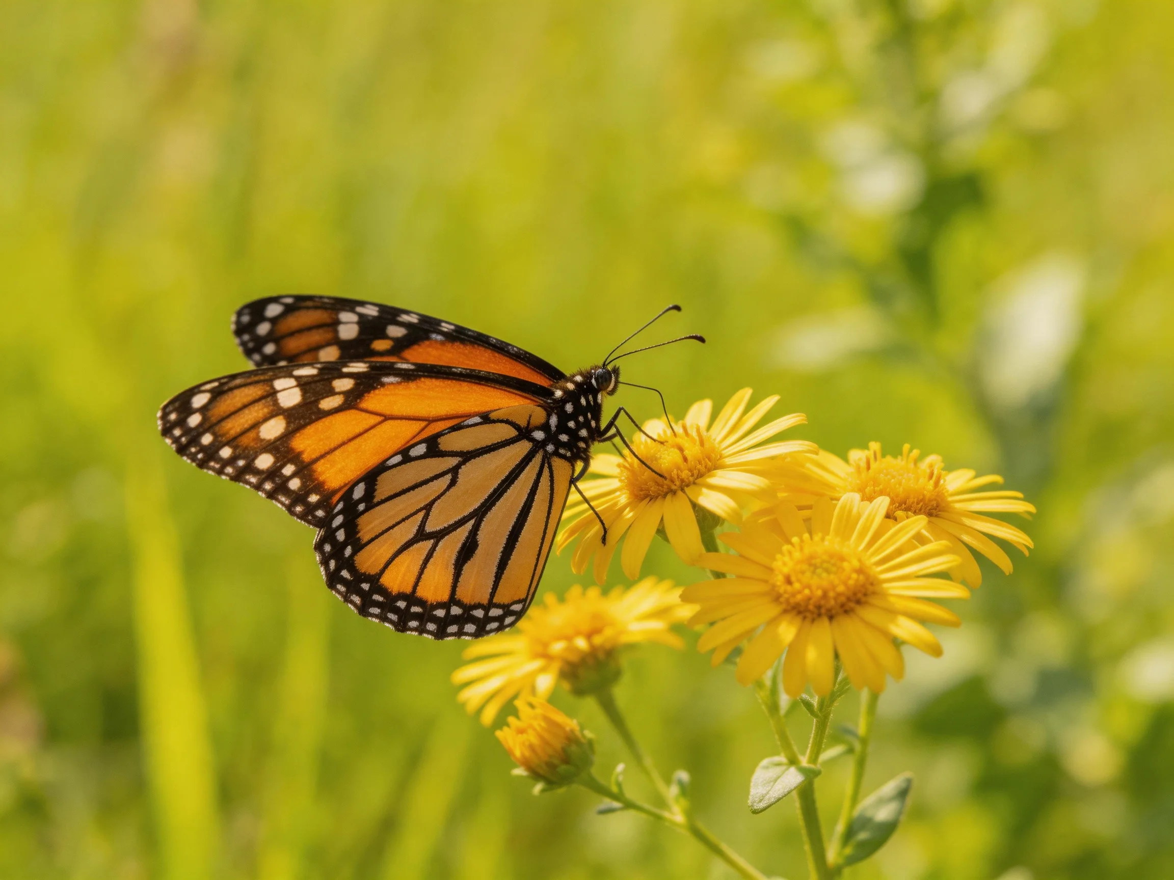 A monarch butterfly perched on vibrant yellow flowers amid lush greenery