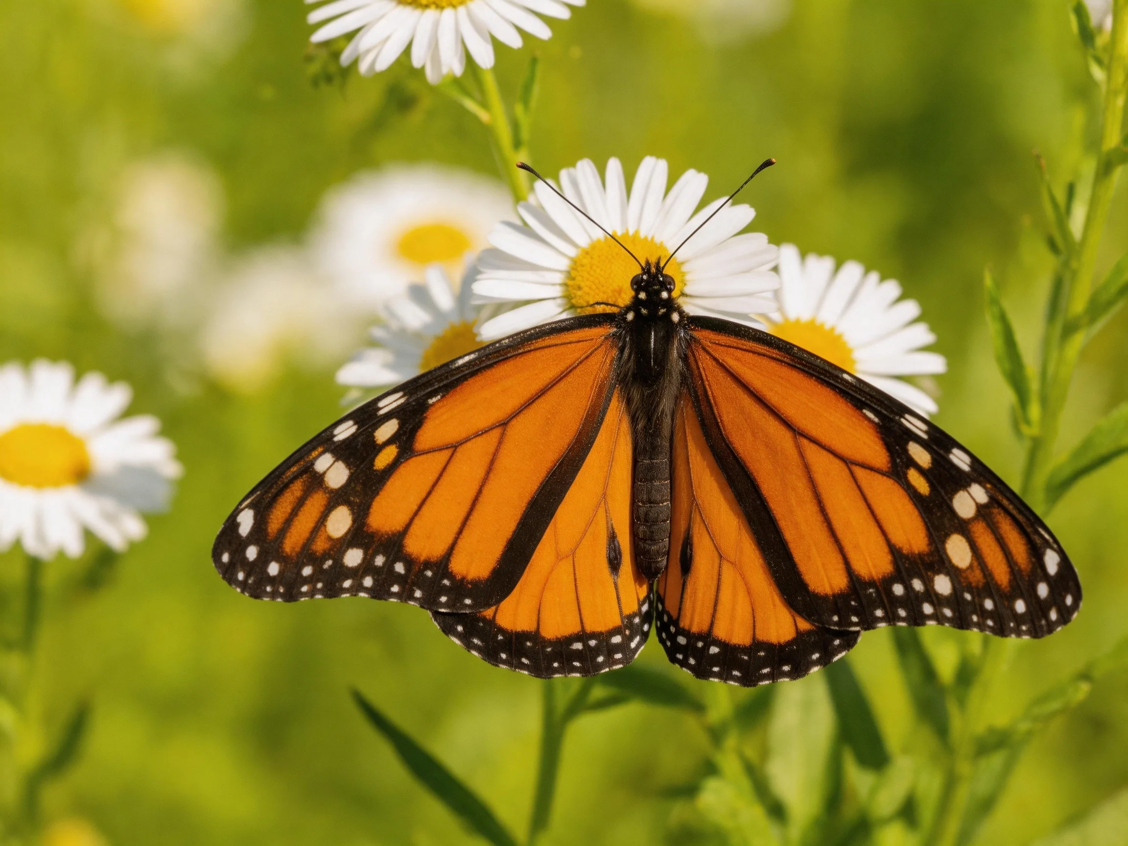 A monarch butterfly perched on white daisies in a green meadow