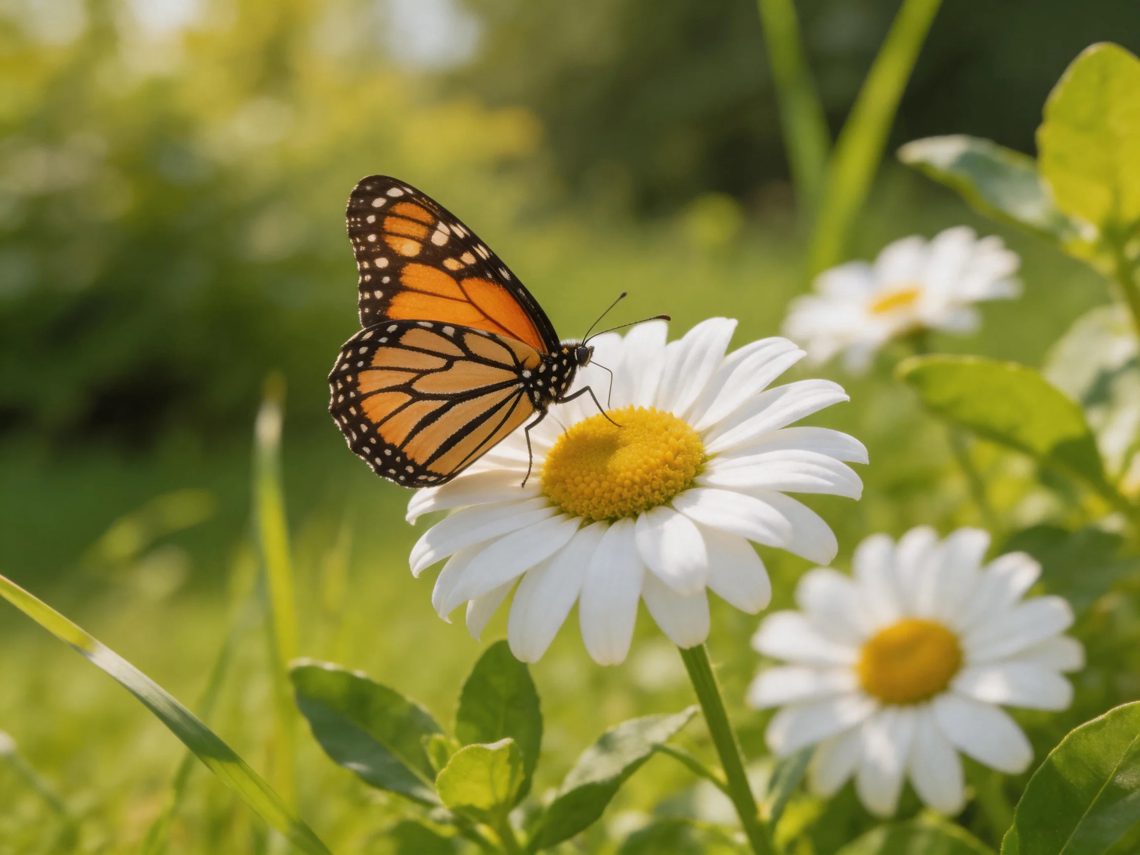 A monarch butterfly feeds on a white daisy in a sunlit meadow.