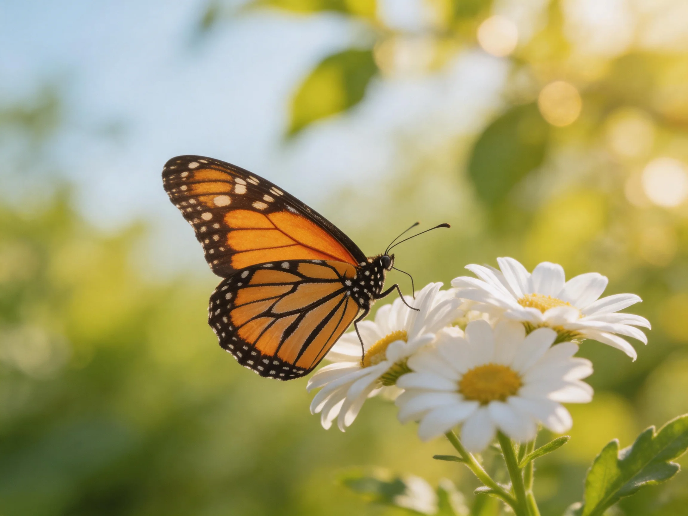 A monarch butterfly perched on white daisies with green foliage