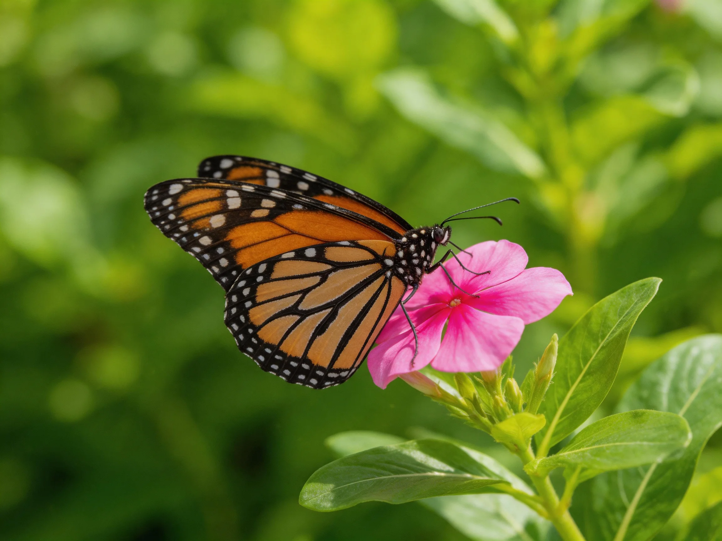 A monarch butterfly perches on a bright pink flower amid lush green foliage