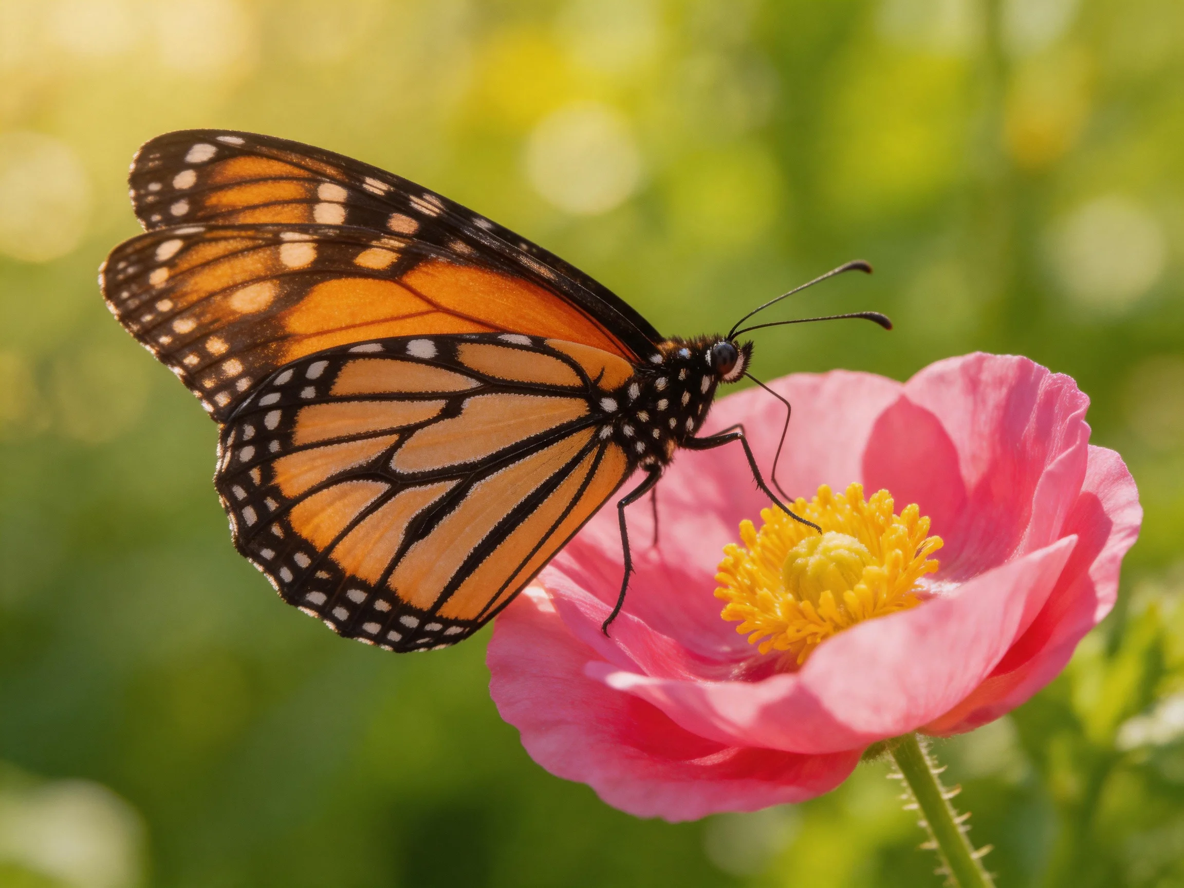 A monarch butterfly perches on a bright pink flower with yellow center