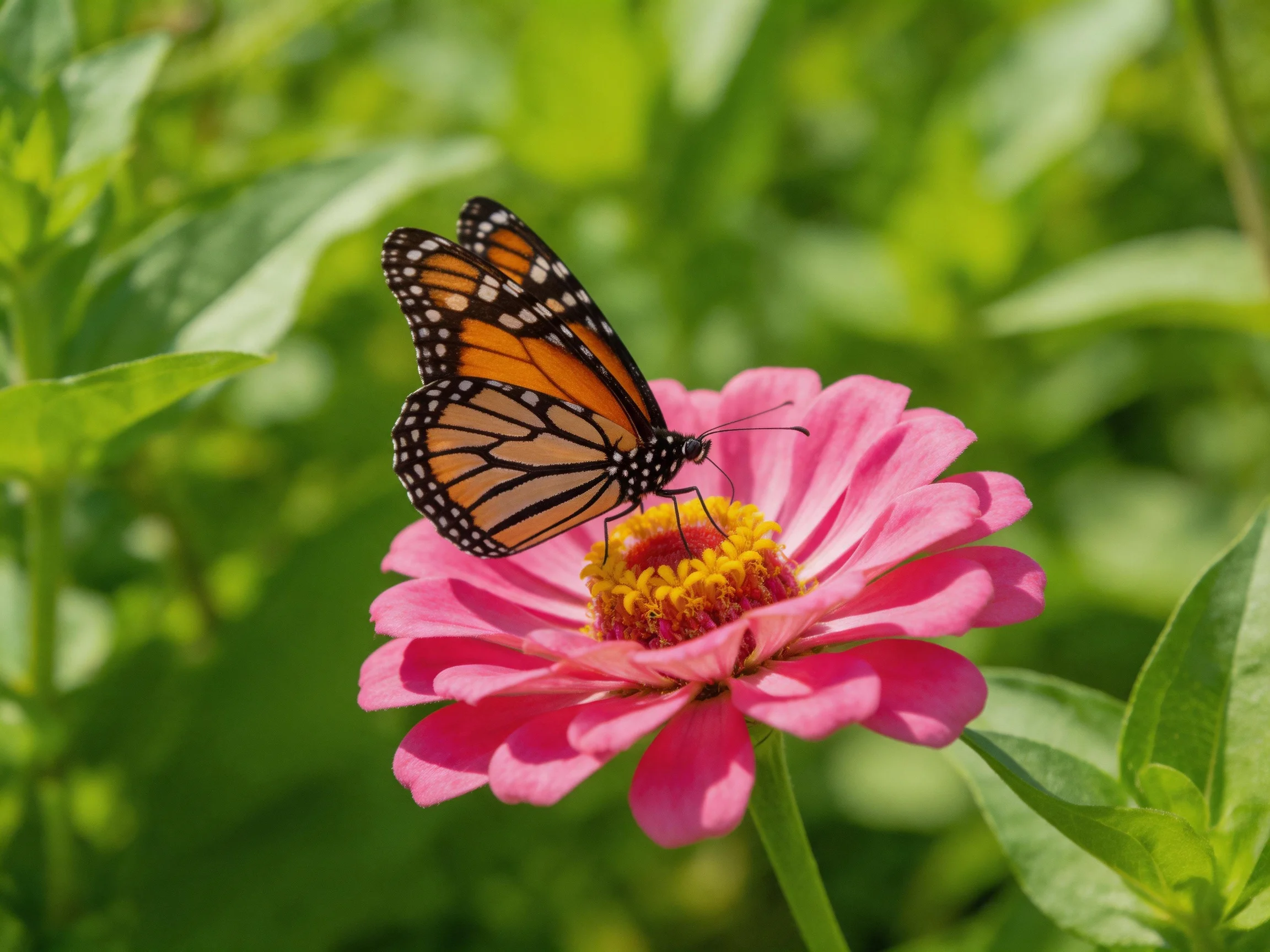 A monarch butterfly perches on a bright pink zinnia amidst green foliage