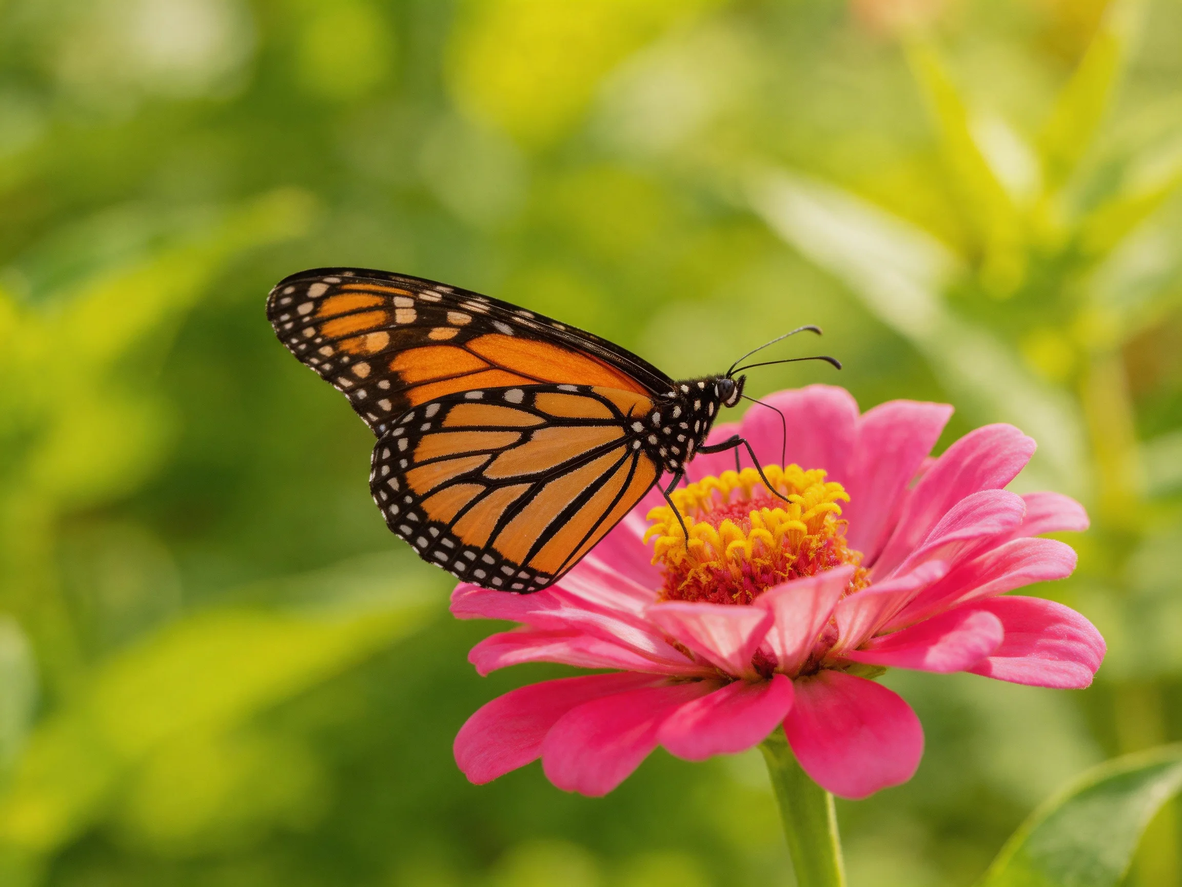A monarch butterfly perches on a bright pink zinnia flower