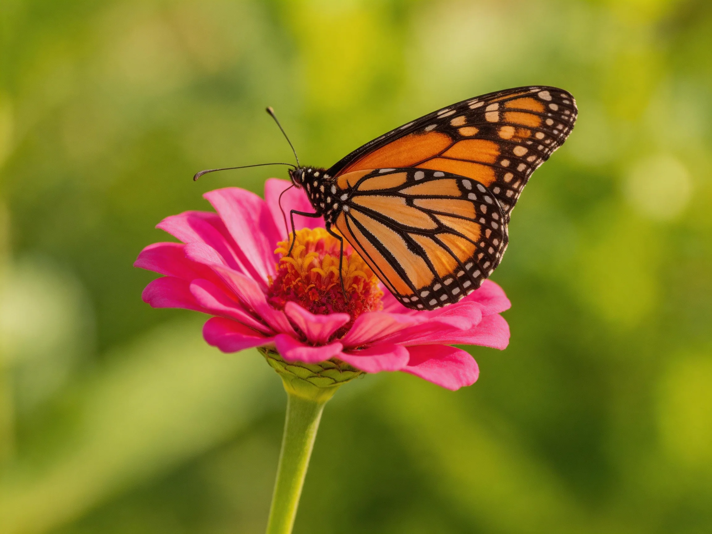 A monarch butterfly perches on a bright pink zinnia flower