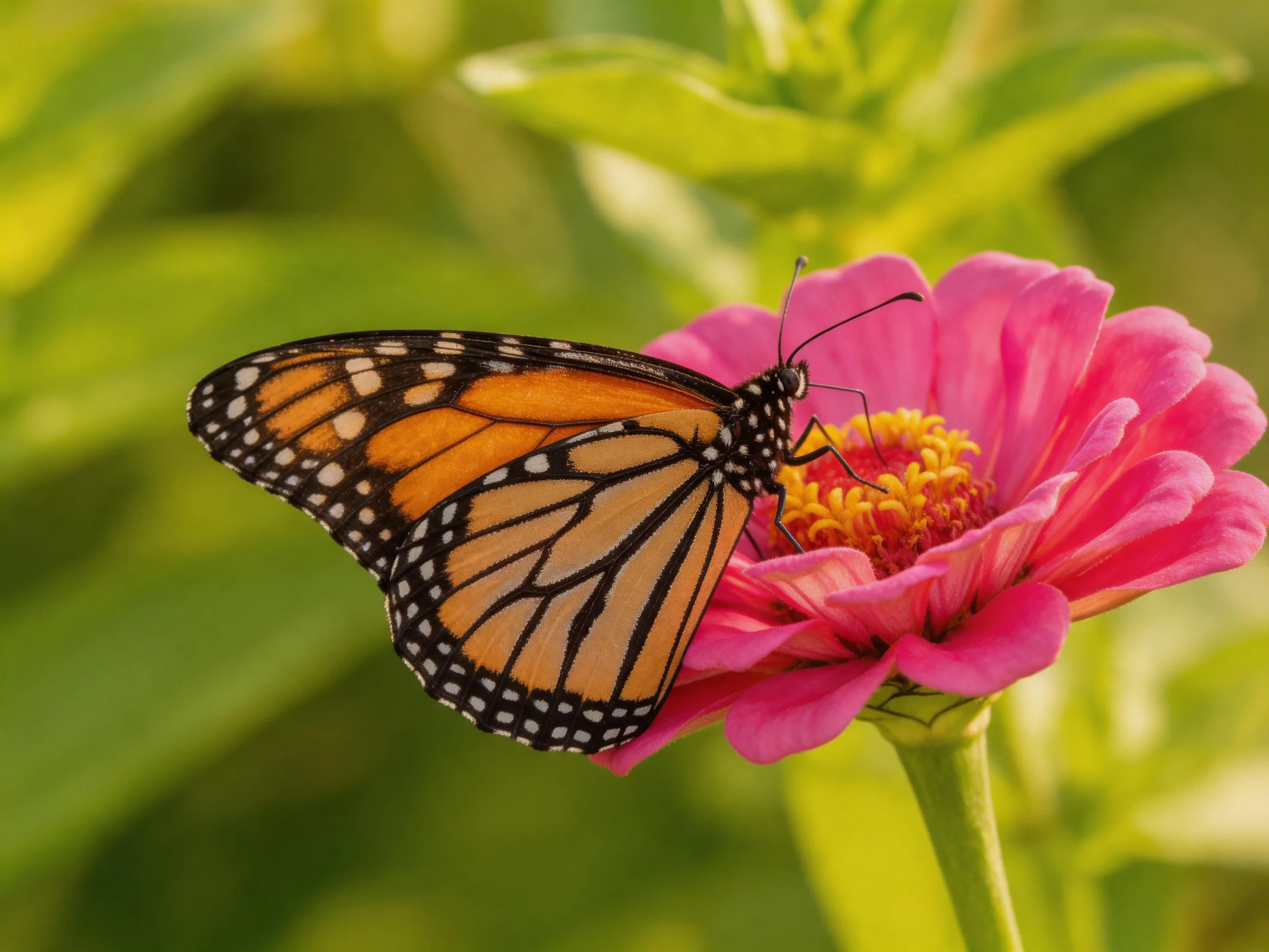A monarch butterfly perches on a bright pink zinnia flower with green foliage