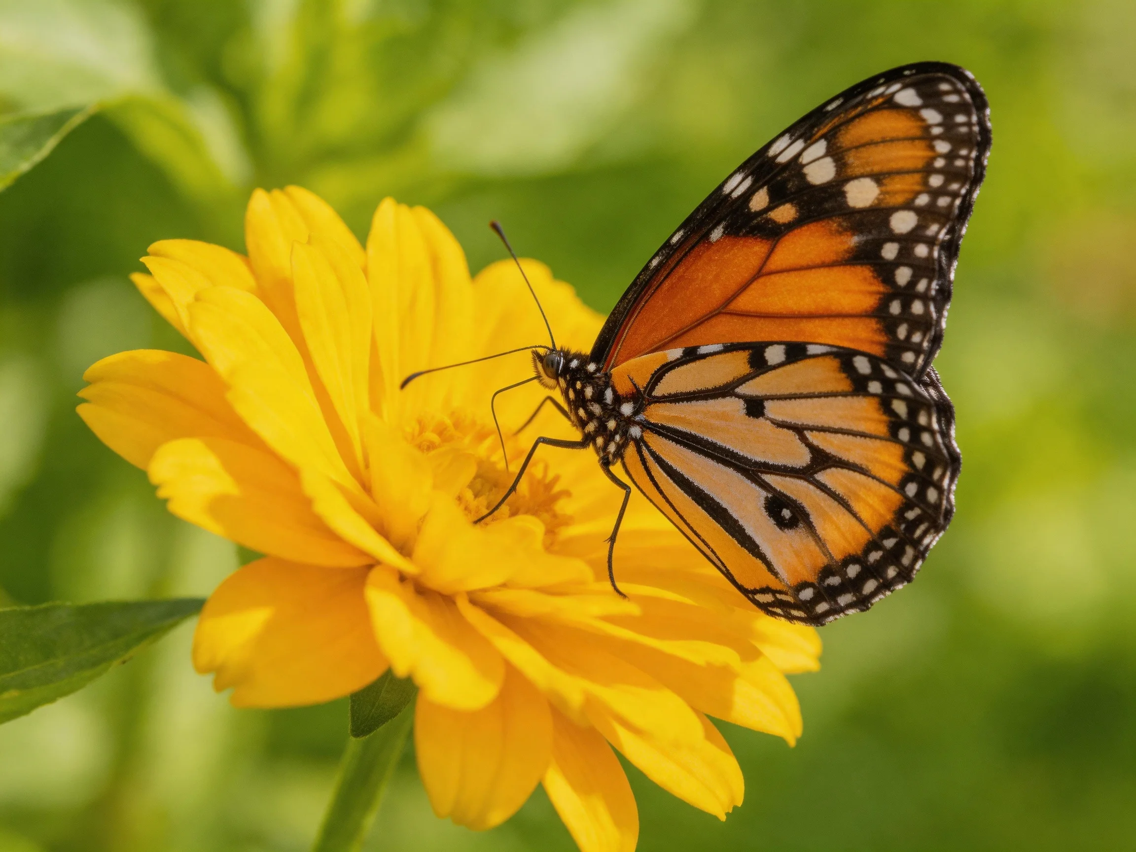 A monarch butterfly perches on a bright yellow flower