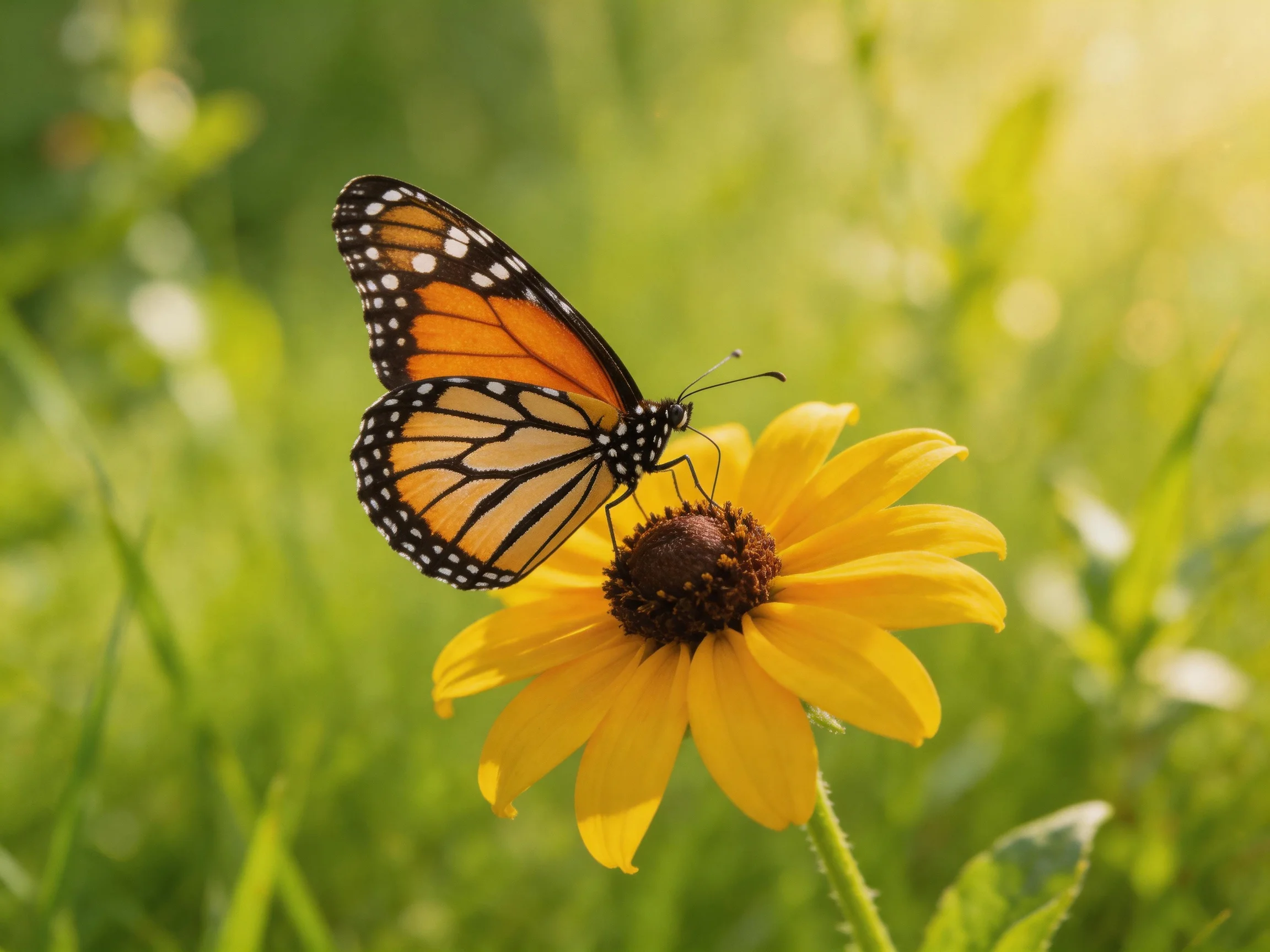 A monarch butterfly perches on a bright yellow flower amid lush greenery