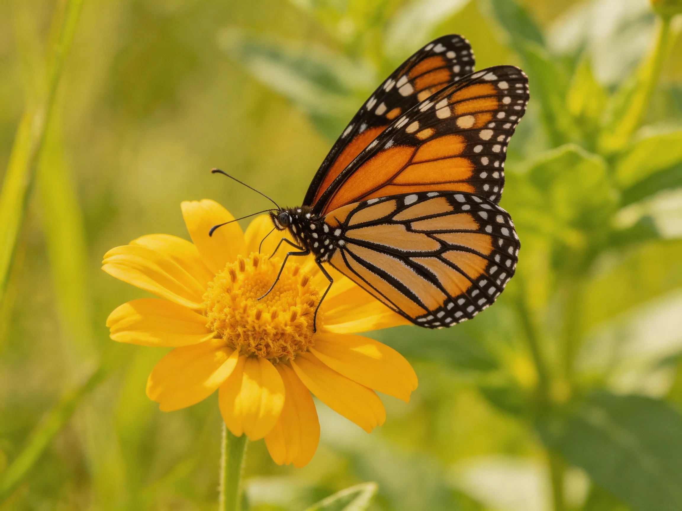 A monarch butterfly perches on a bright yellow flower in a sunlit meadow
