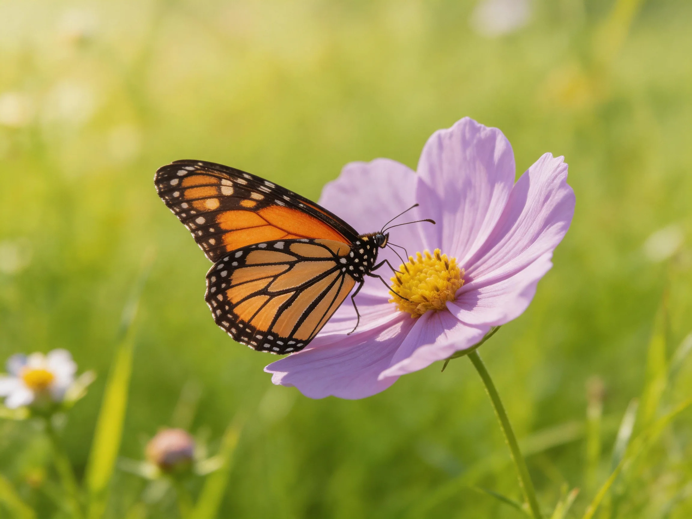 A monarch butterfly perches on a large purple flower with a yellow center