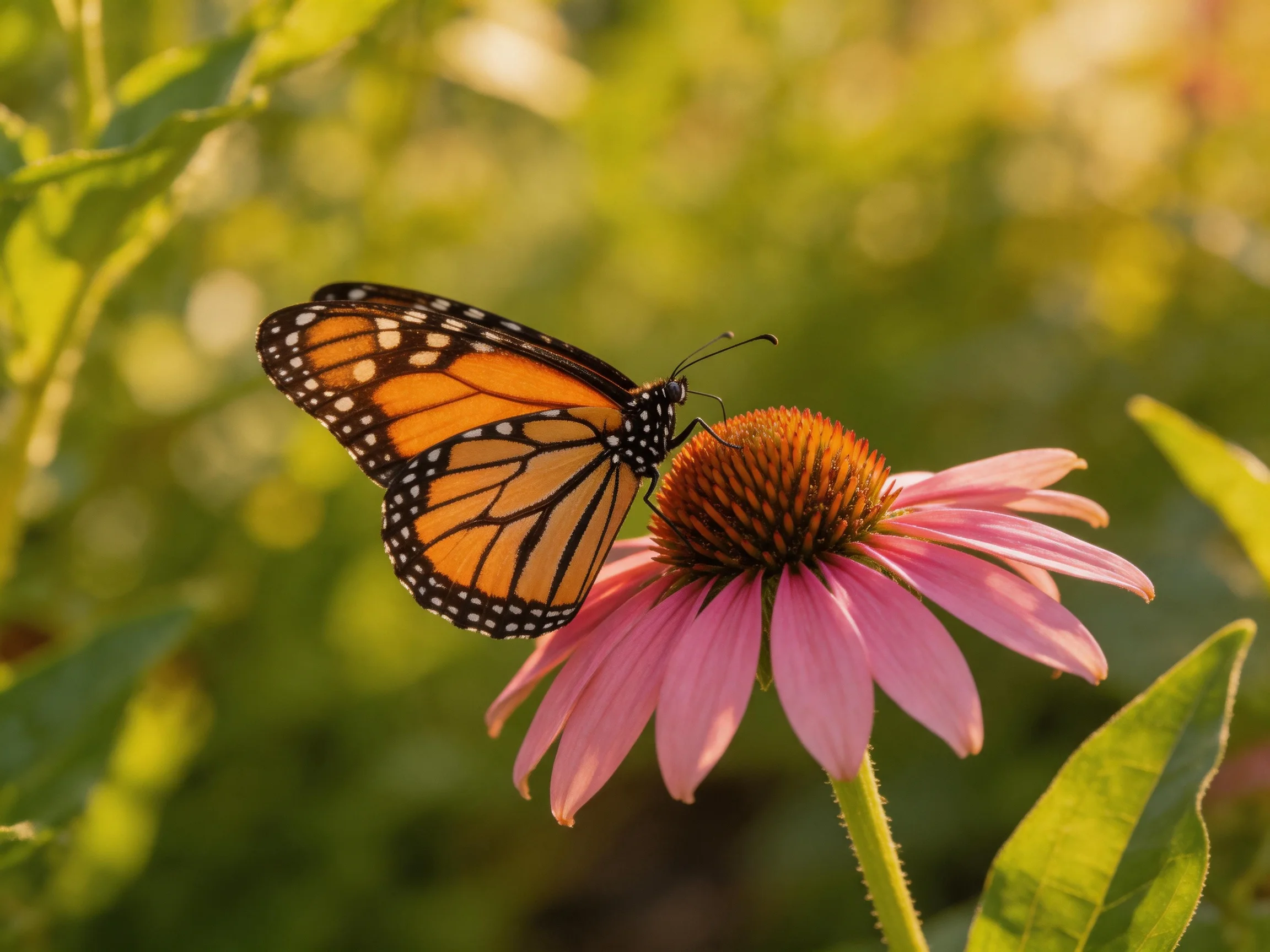 A monarch butterfly perches on a pink coneflower in a sunlit garden