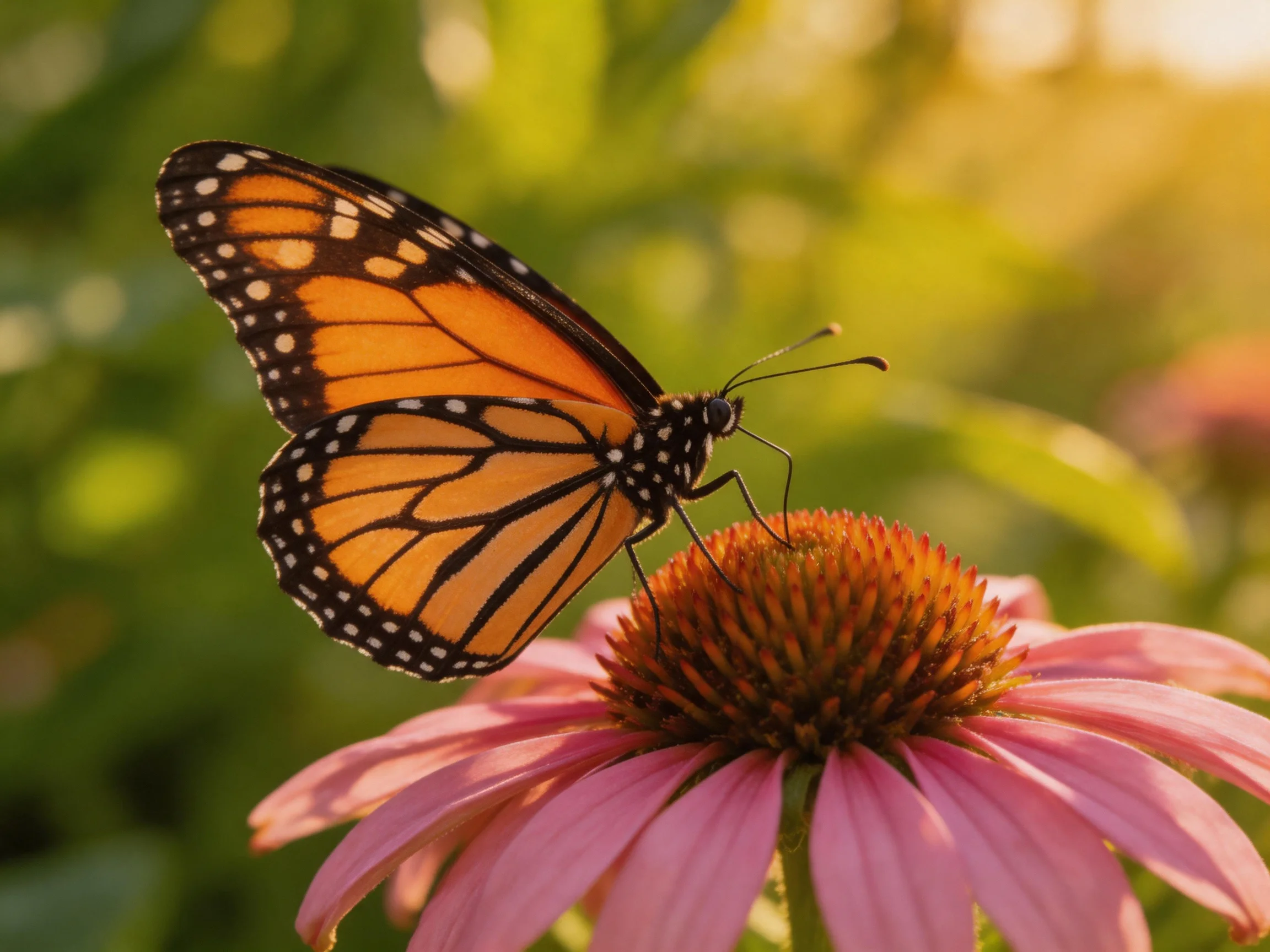 A monarch butterfly perches on a pink coneflower in golden sunlight