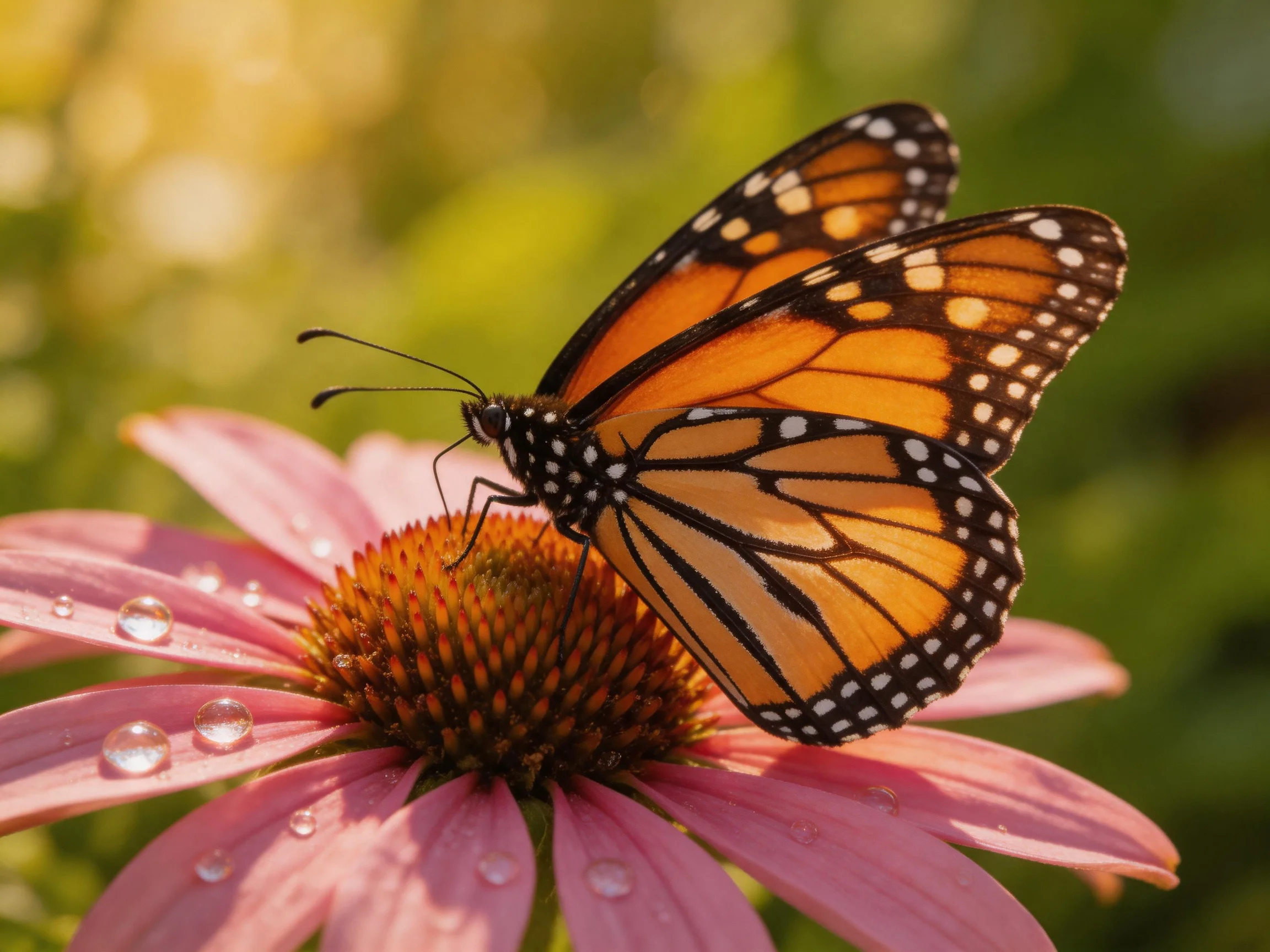 A monarch butterfly perches on a pink coneflower with dewdrops