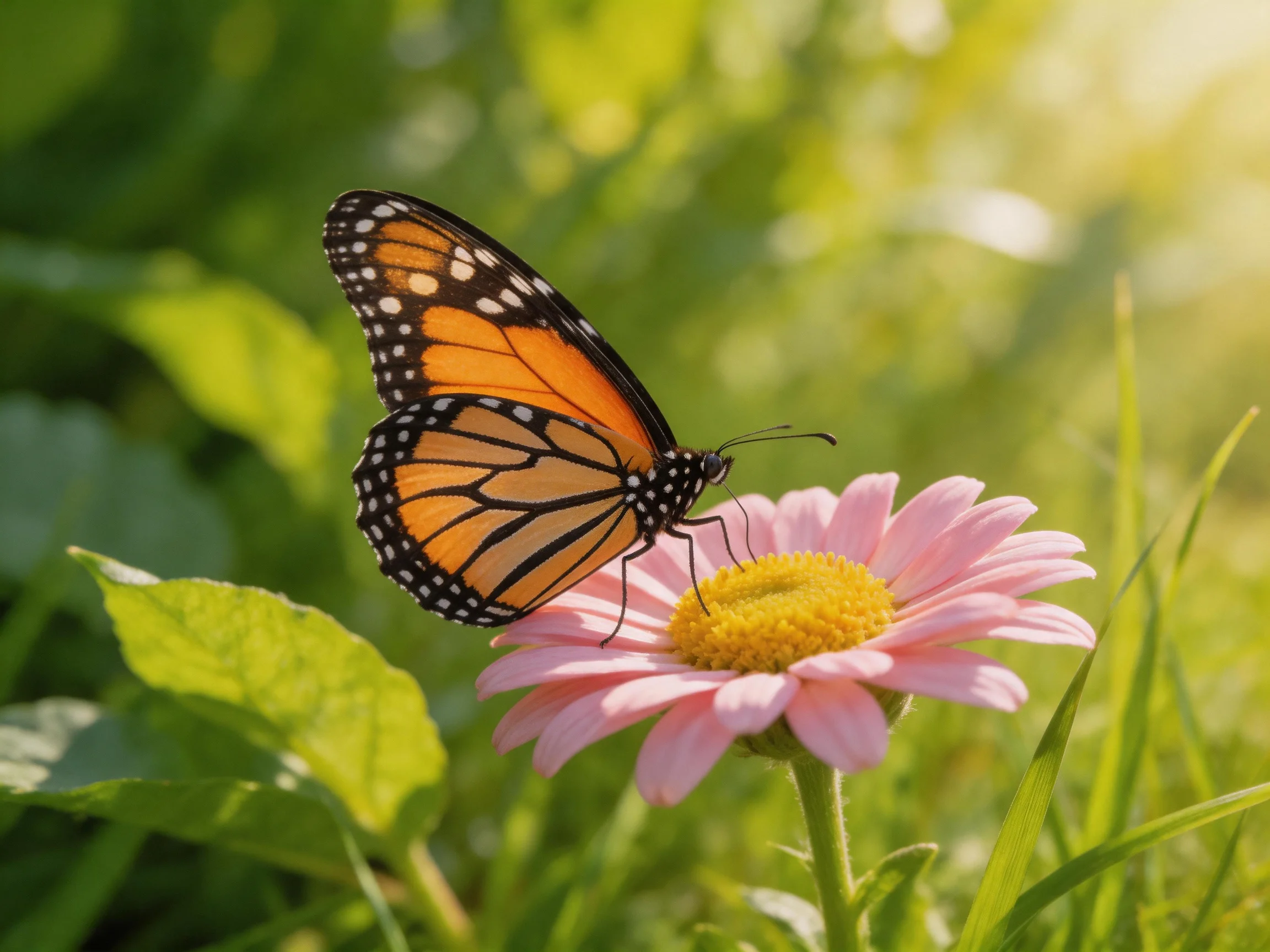 A monarch butterfly perches on a pink daisy in a sunlit garden