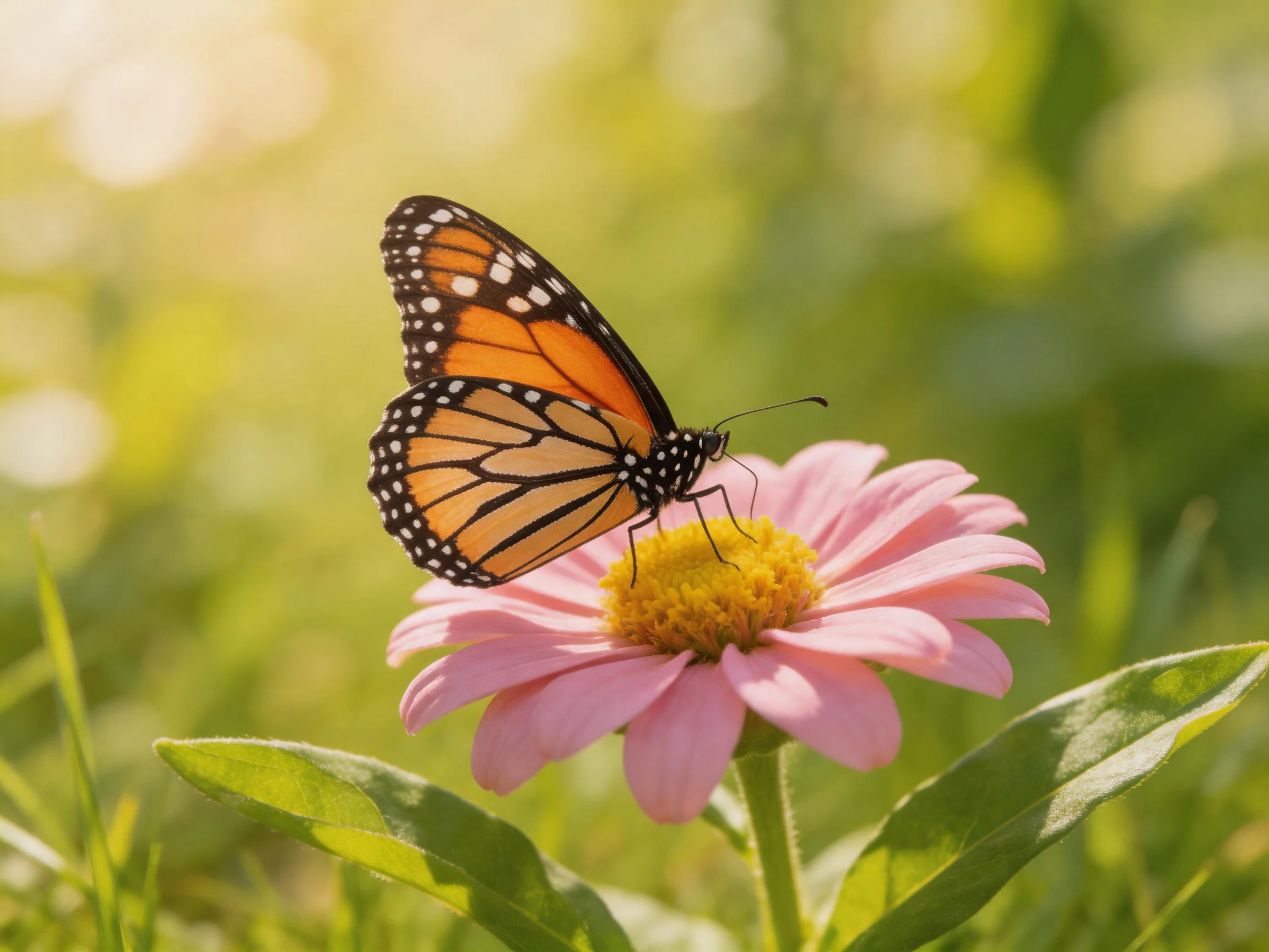 A monarch butterfly perches on a pink flower with a yellow center