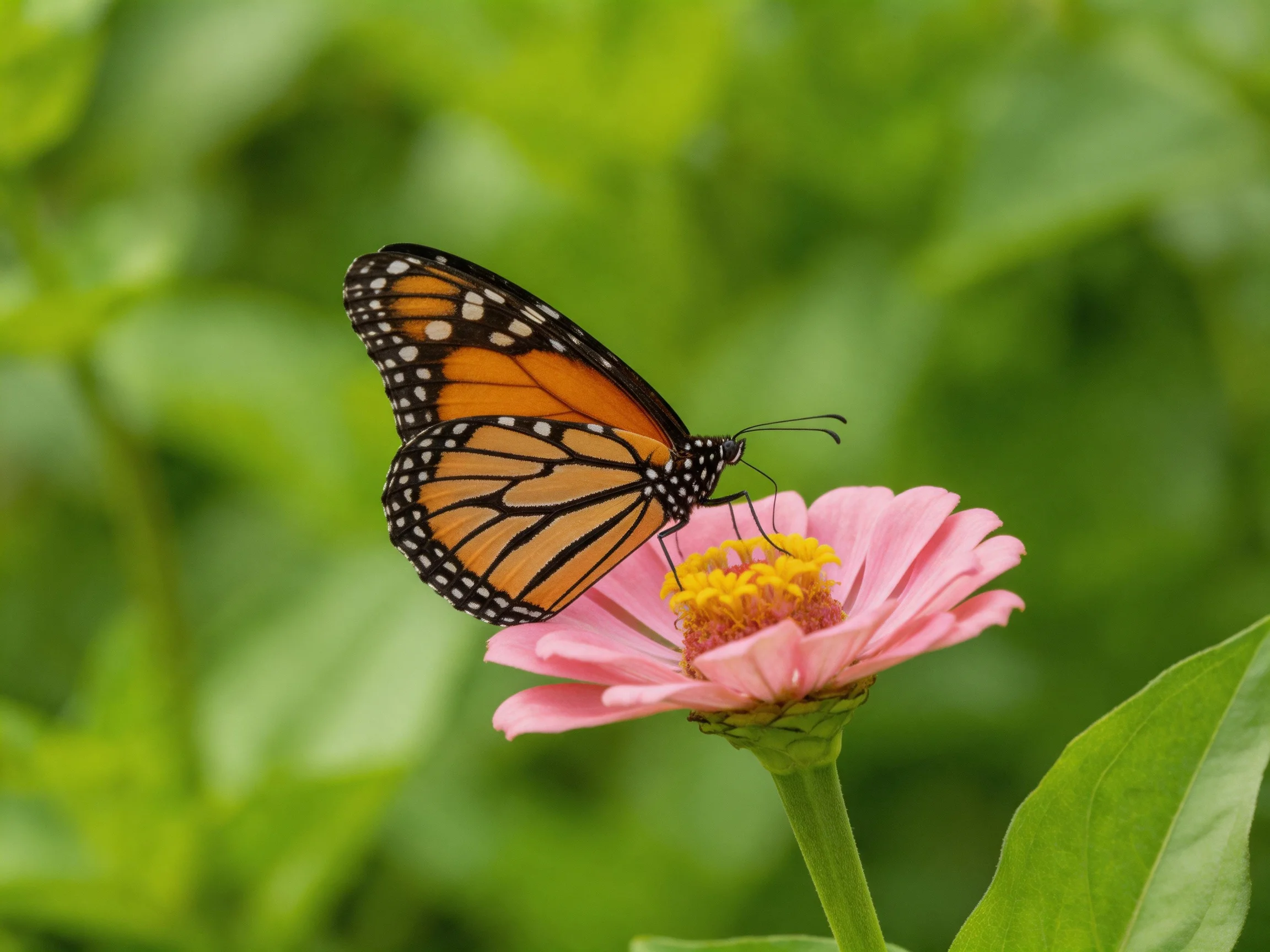 A monarch butterfly perches on a pink zinnia flower among green foliage