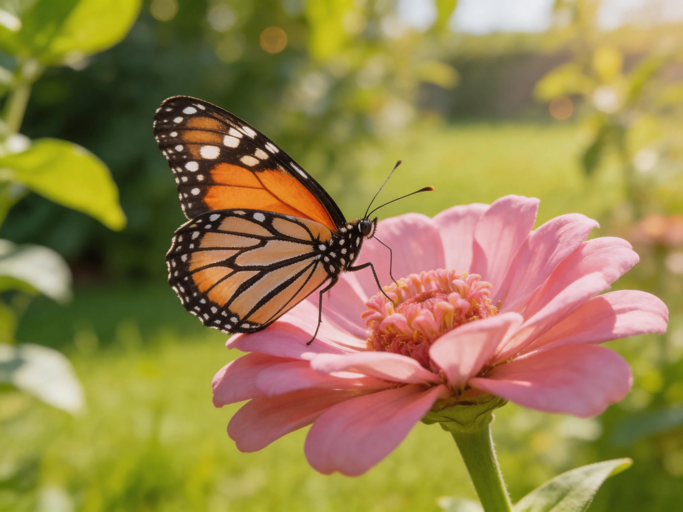 A monarch butterfly perches on a pink zinnia flower