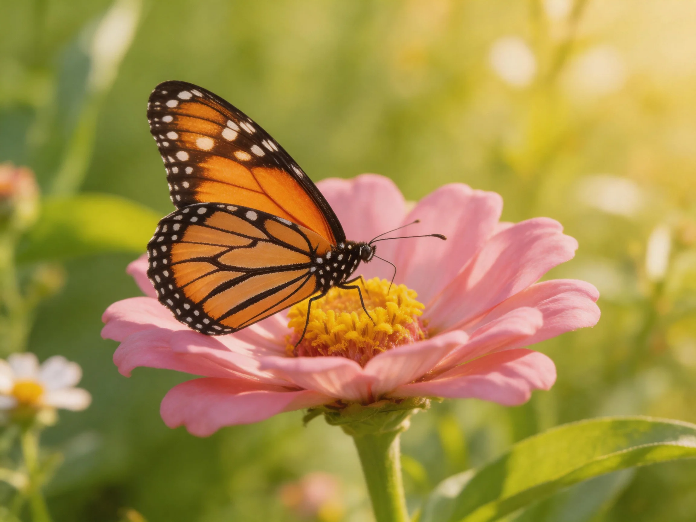 A monarch butterfly perches on a pink zinnia flower with yellow center