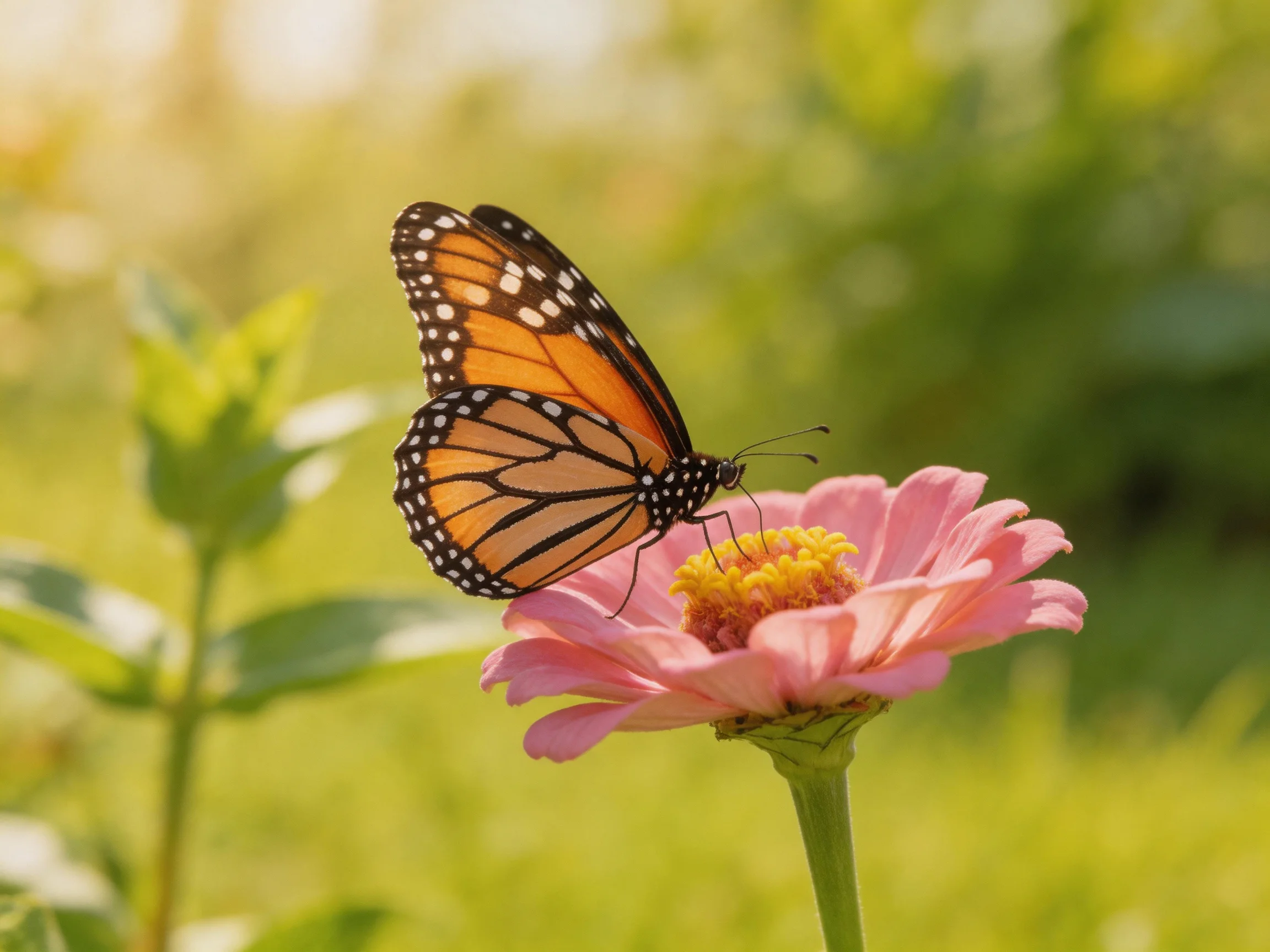 A monarch butterfly perches on a pink zinnia in a sunlit natural area
