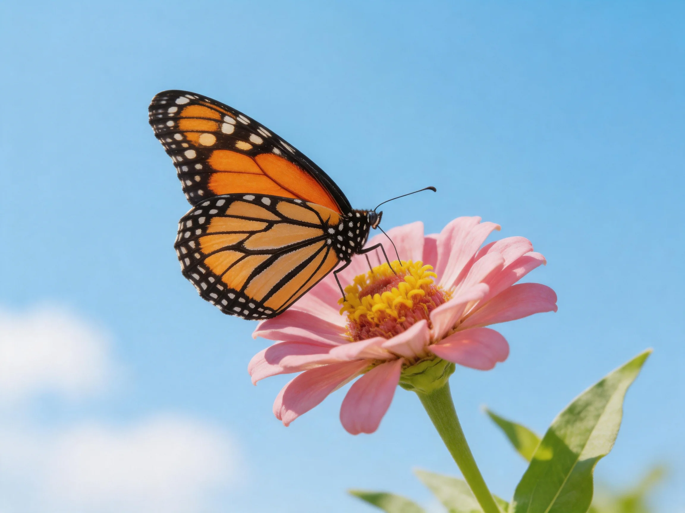 A monarch butterfly perches on a pink zinnia with a blue sky backdrop