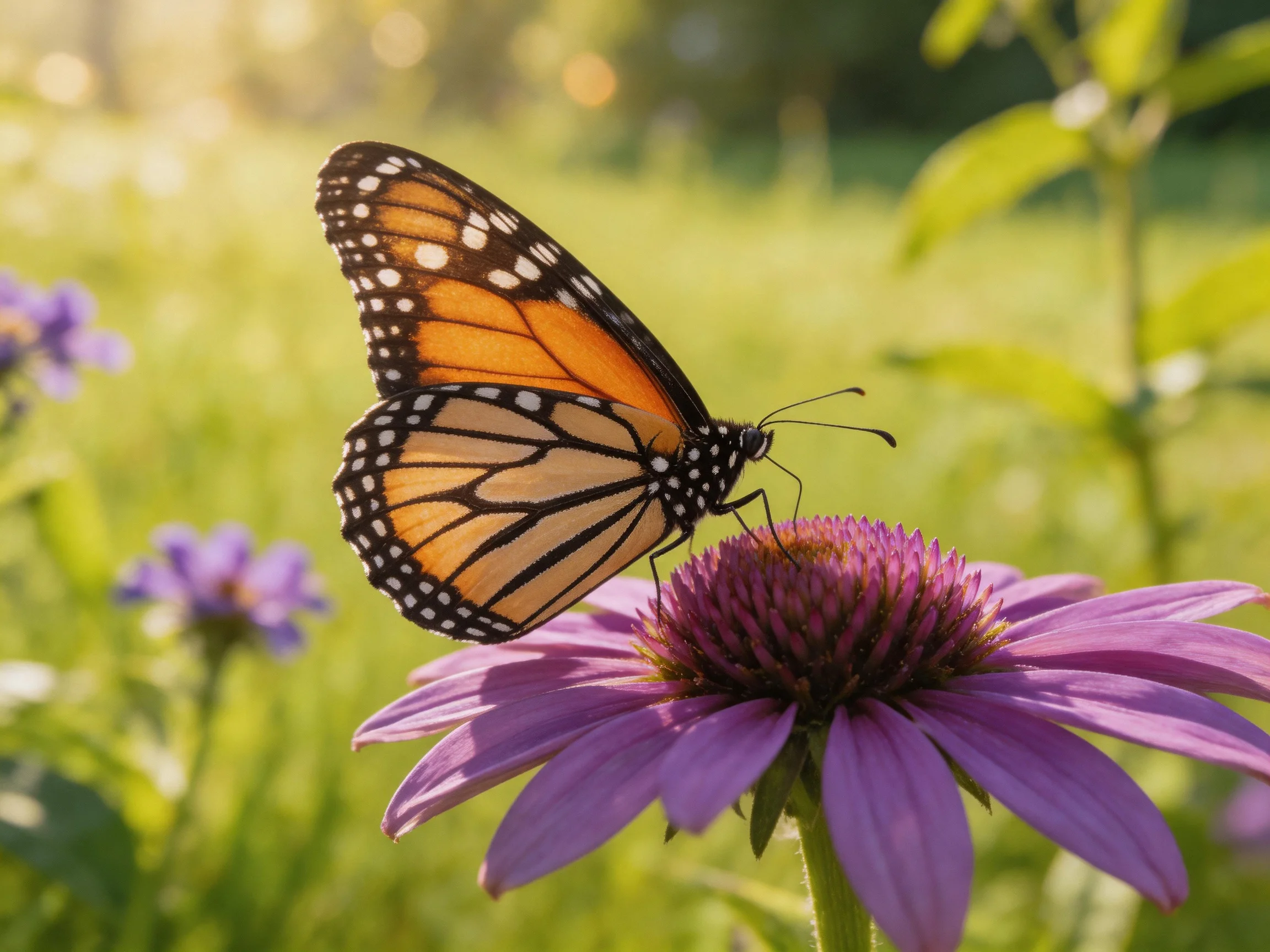 A monarch butterfly perches on a purple coneflower in a sunlit meadow