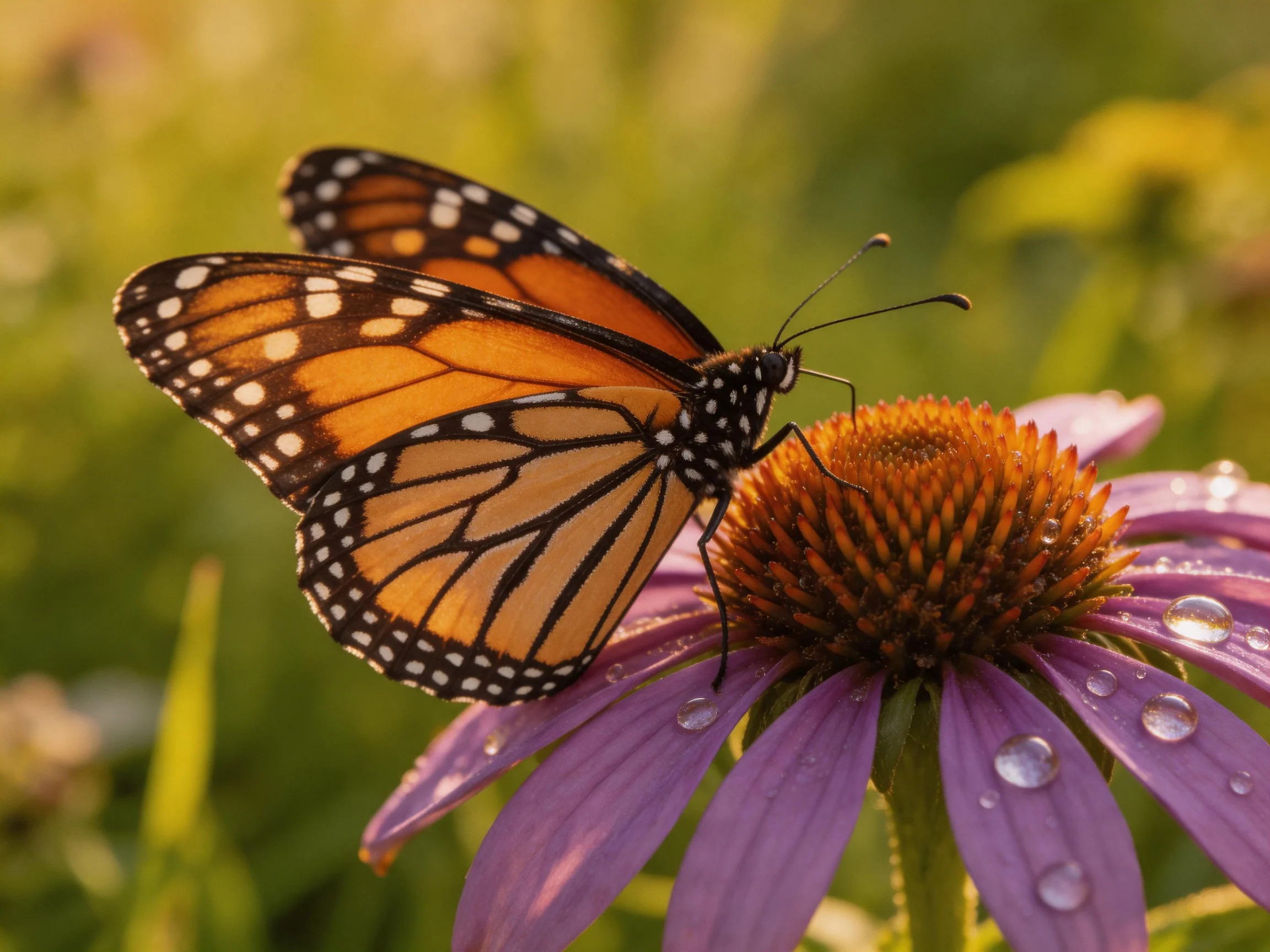 A monarch butterfly perches on a purple coneflower with water droplets