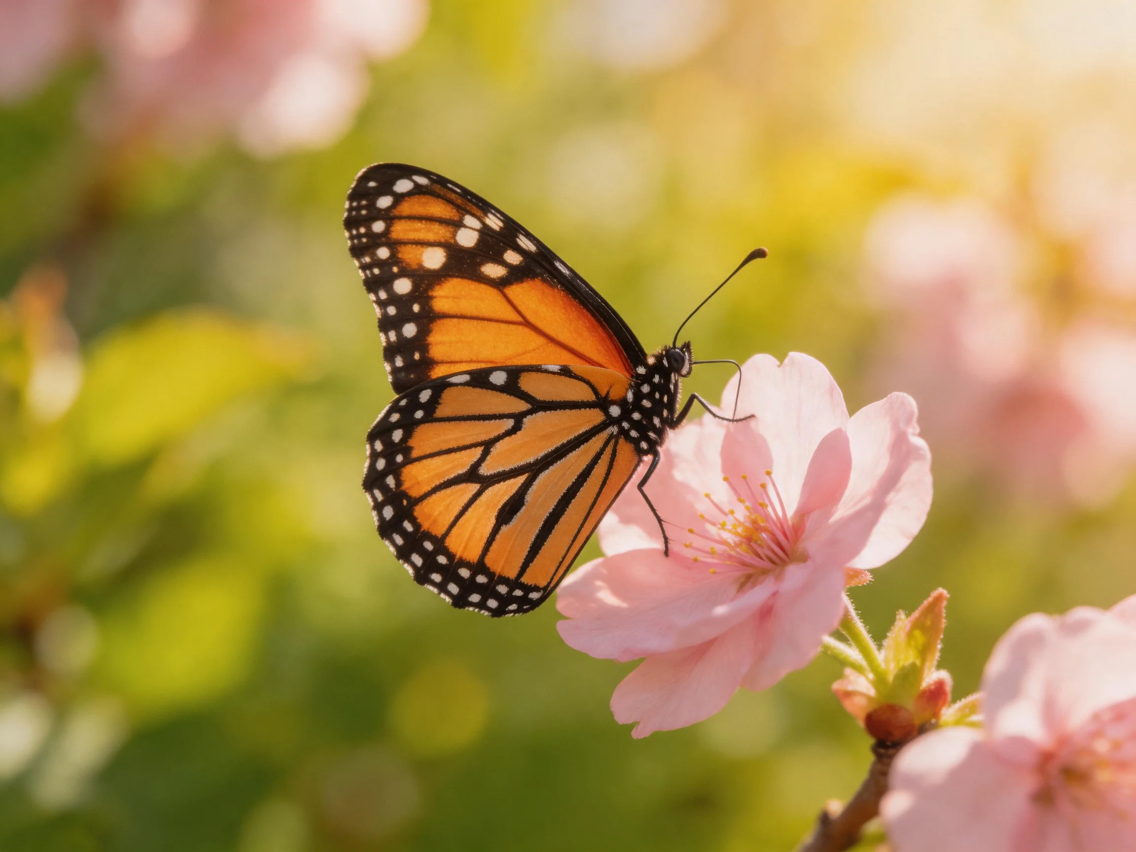 A monarch butterfly perches on a soft pink cherry blossom