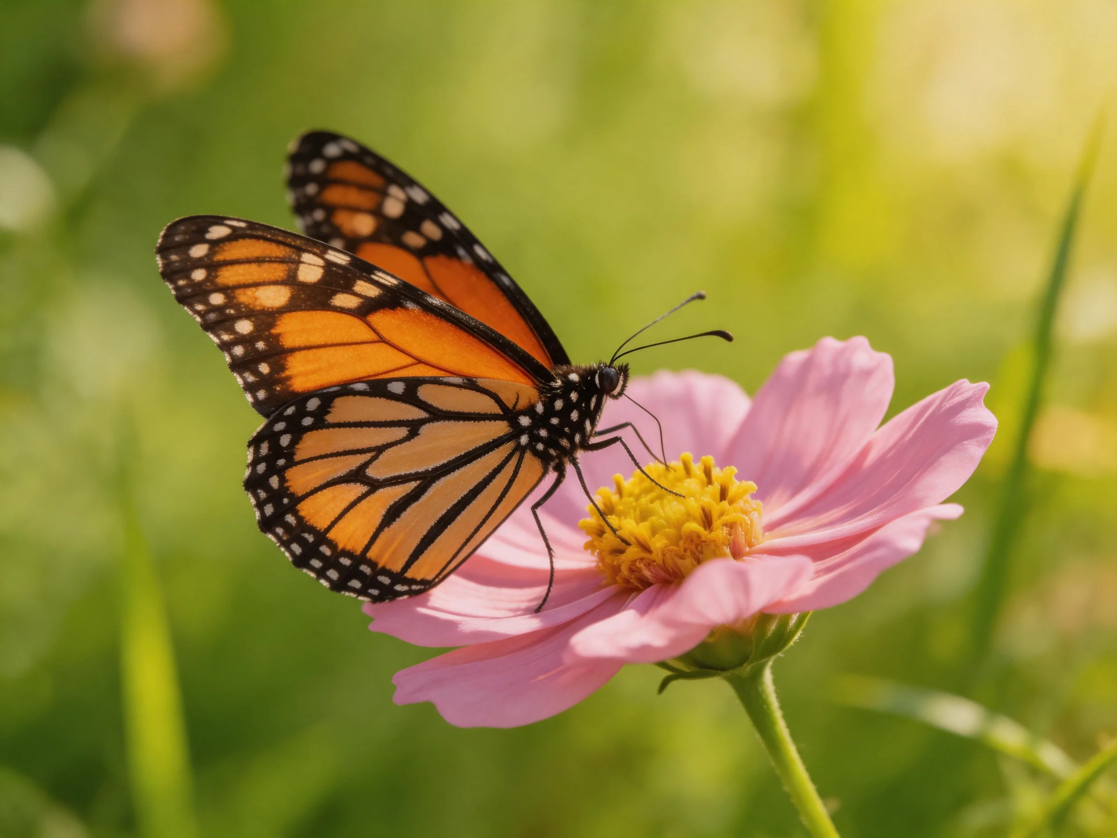 A monarch butterfly perches on a soft pink cosmos flower