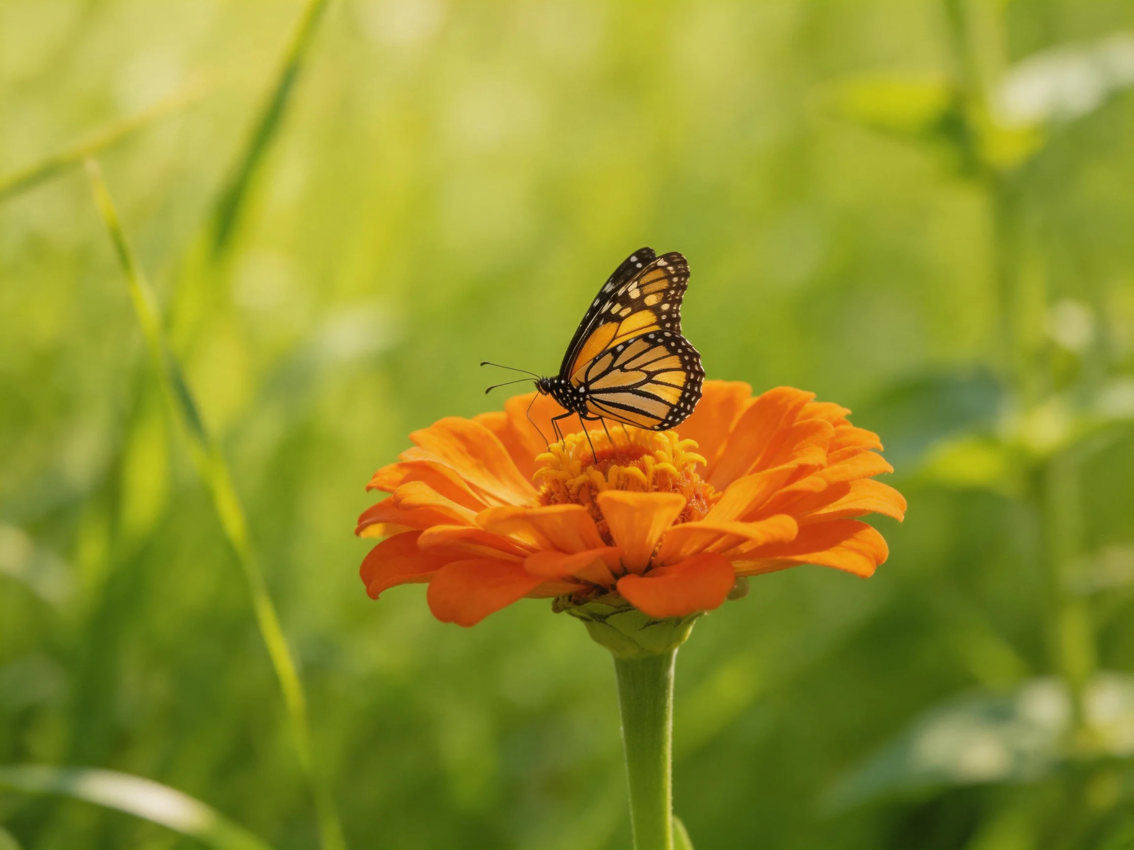 A monarch butterfly perches on a vibrant orange zinnia amid greenery
