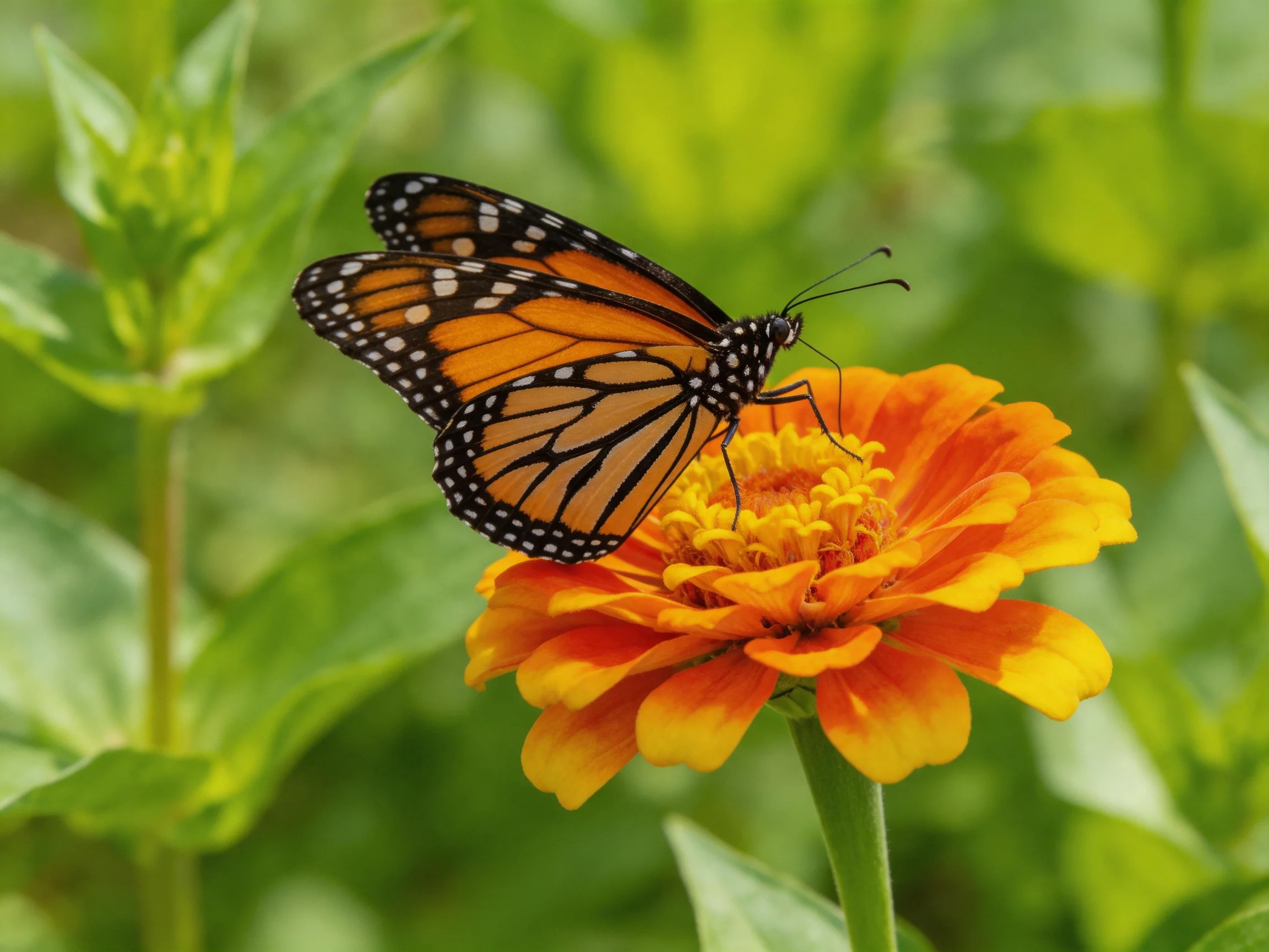 A monarch butterfly perches on a vibrant orange zinnia flower