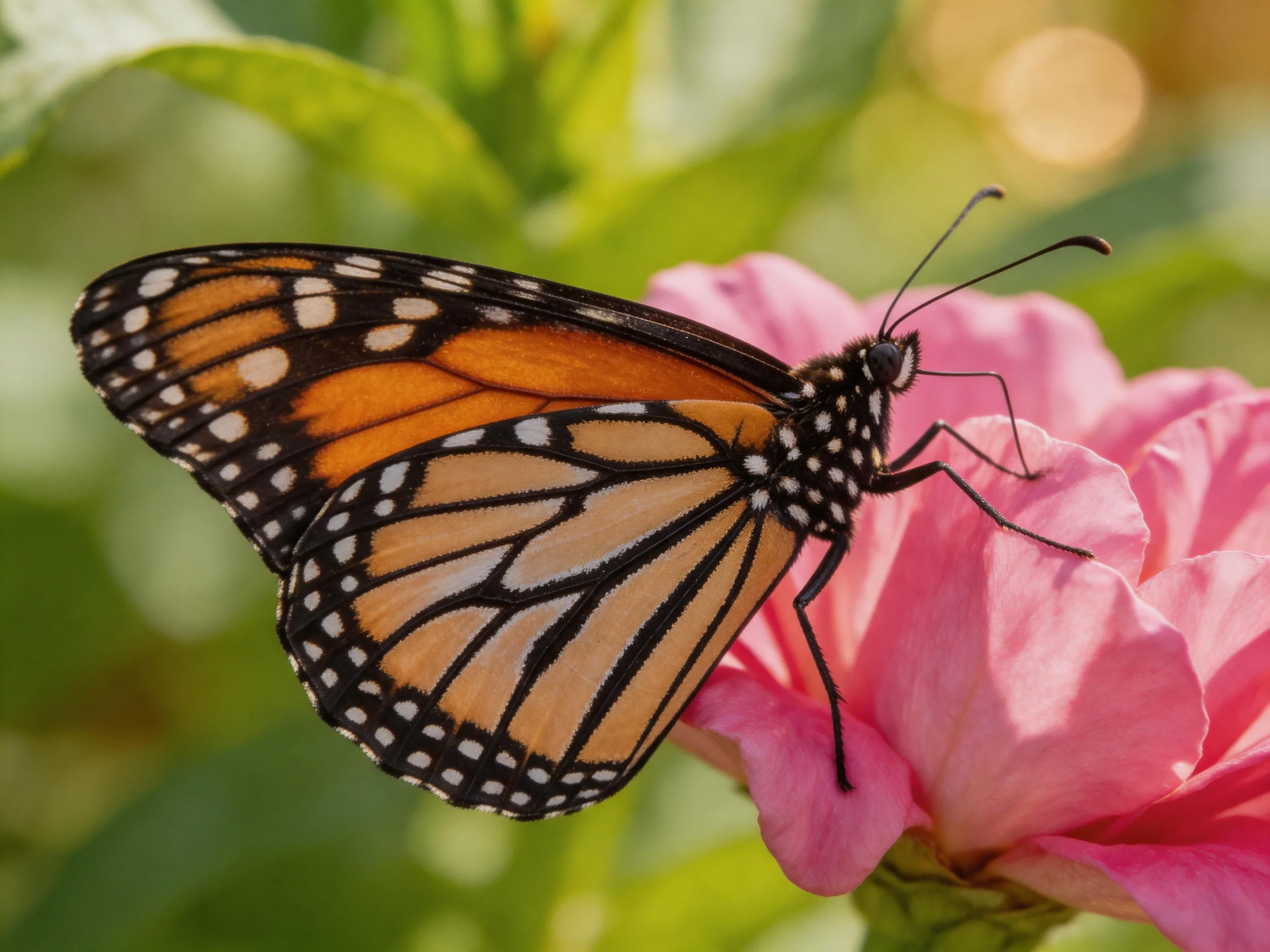 A monarch butterfly perches on a vibrant pink flower