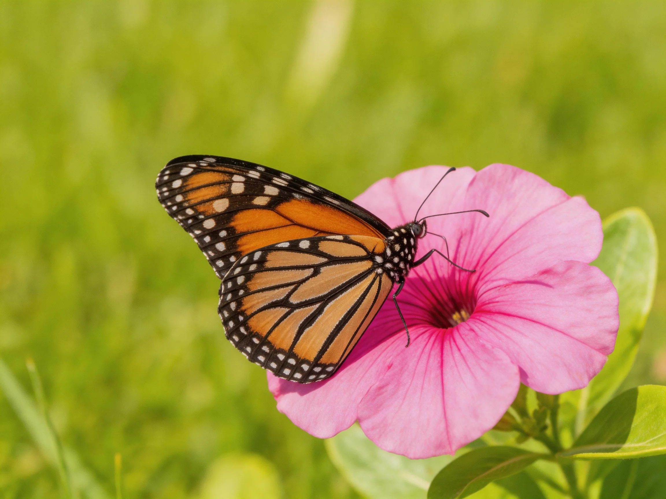 A monarch butterfly perches on a vibrant pink flower amidst greenery