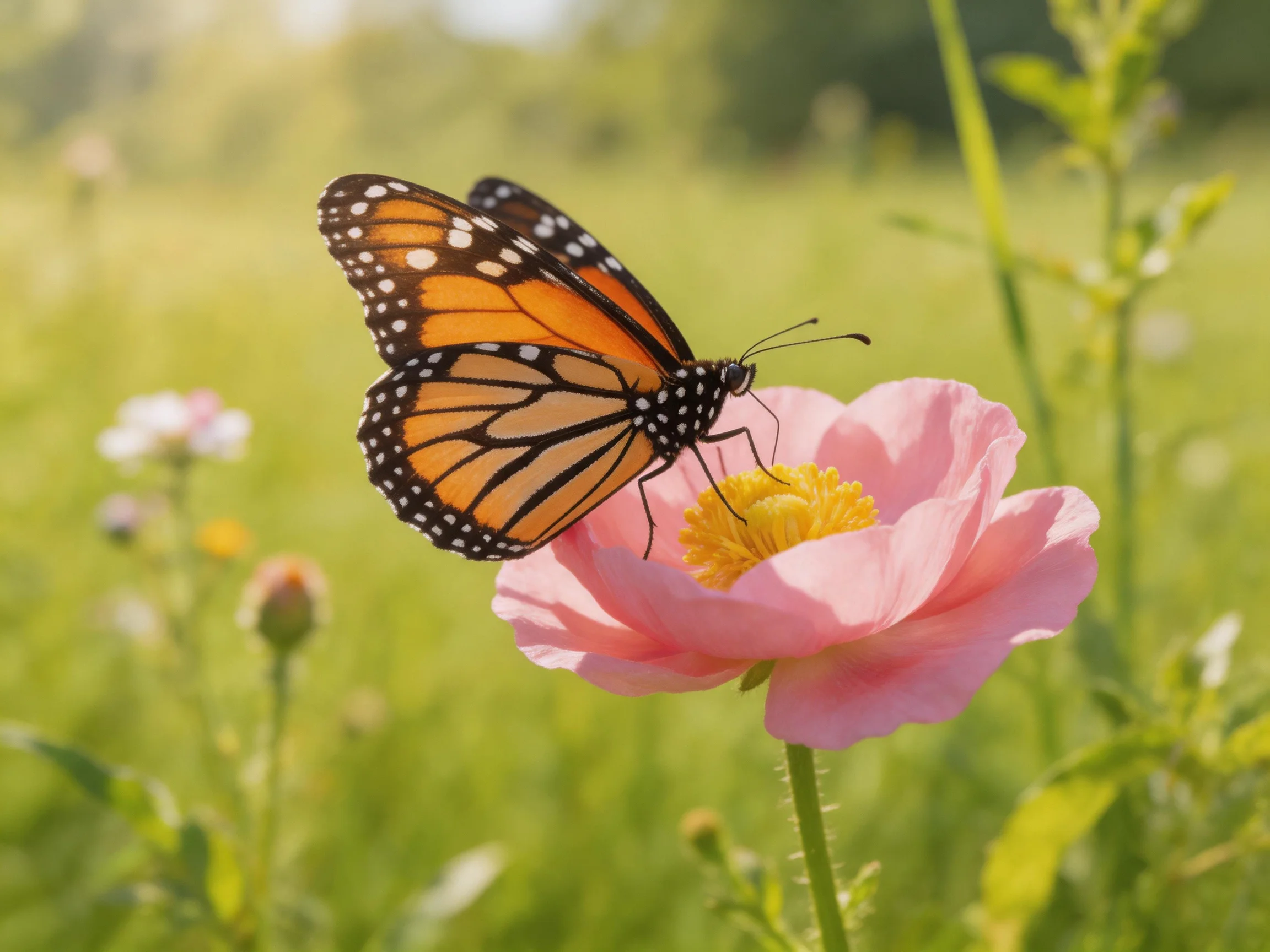 A monarch butterfly perches on a vibrant pink flower in a sunlit meadow